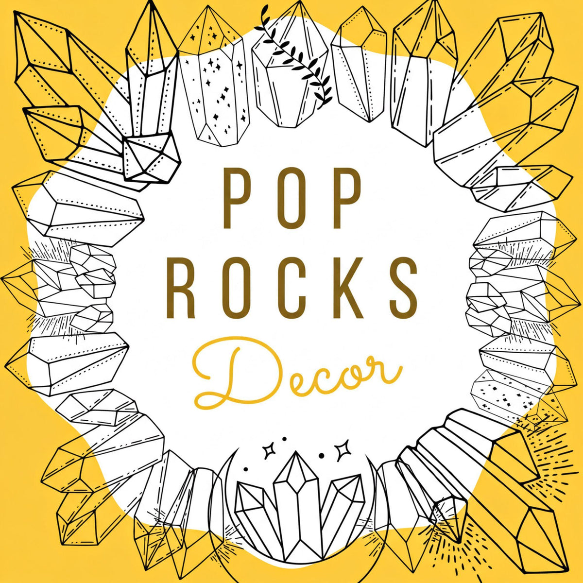The image is a vibrant and colorful illustration featuring a circular frame with various geometric shapes and patterns, including crystals and lines, all set against a bright yellow background.