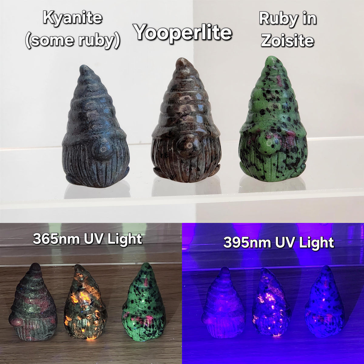The image is a collage of three images showing different types of gemstones: Kyanite (some ruby), Yooperilite, and Ruby in Zoisite, each under different lighting conditions.