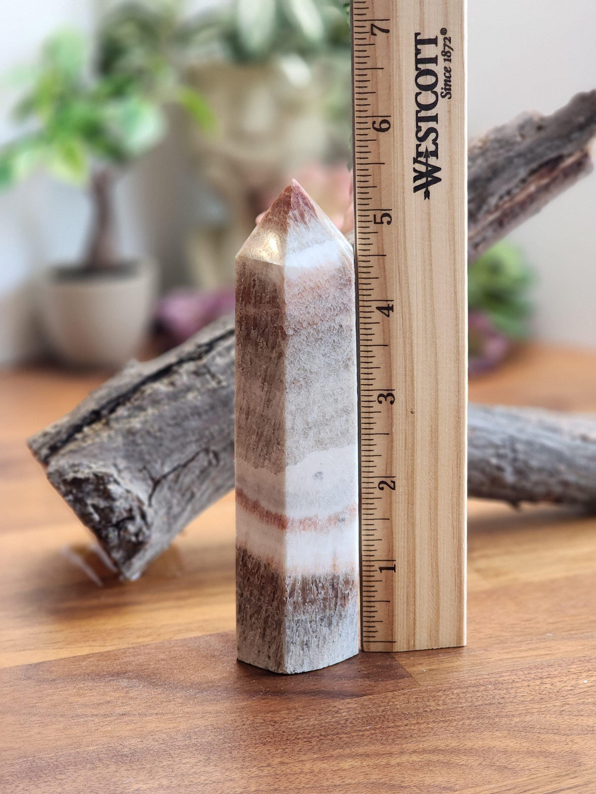 A wooden ruler is placed next to a white and brown crystal on a wooden surface, with a blurred background that includes a potted plant and some wood.