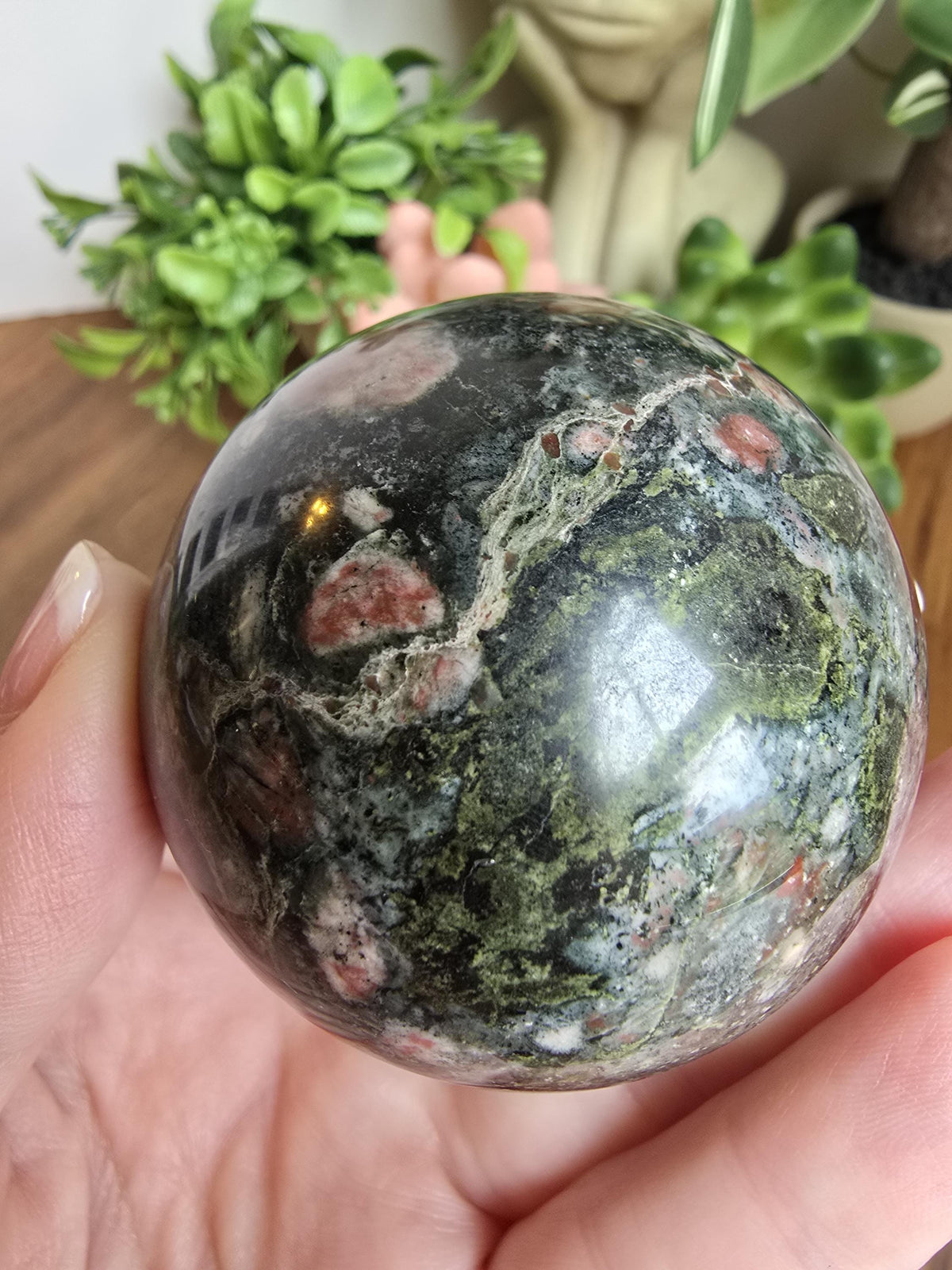 Inv - Beautiful Eclogite Garnet Sphere | D - 56mm | Green, Pink, White Crystal | Last One of this beautiful rare stock! (A, B, C now sold)