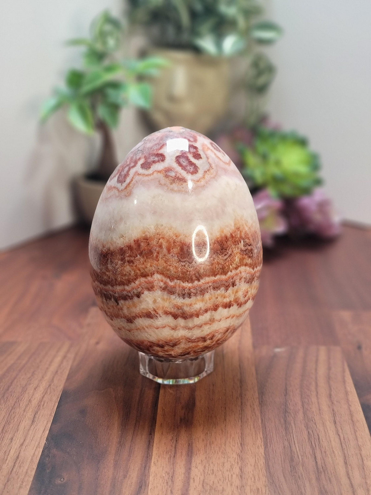 Inv - Gorgeous Mexican Red Banded Calcite Egg | "A" | Large Crystal Statement Piece | Natural Pork Stone in Red Pink White Brown | Rare Find