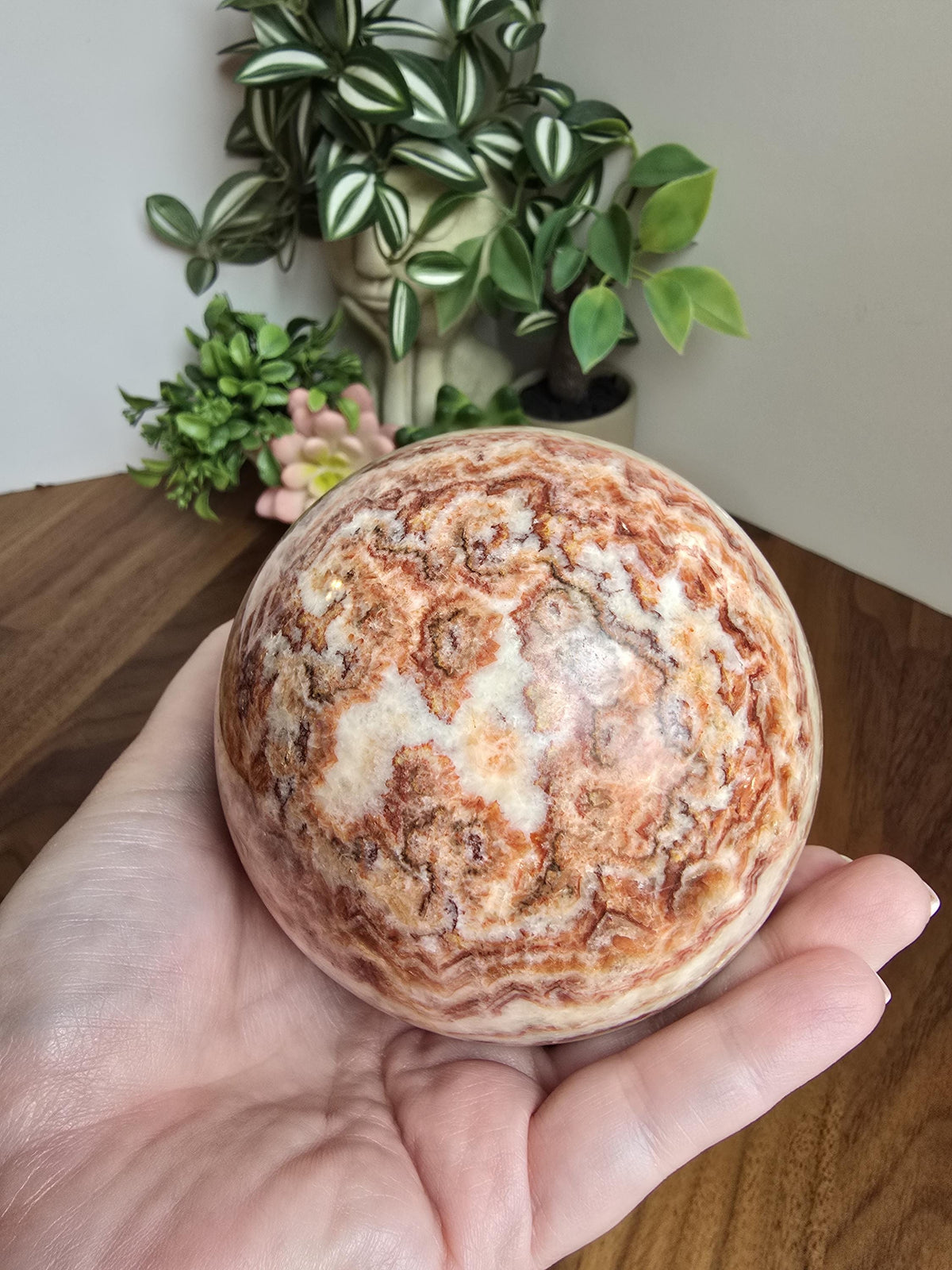 Inv - Gorgeous Mexican Red Banded Calcite Egg | "A" | Large Crystal Statement Piece | Natural Pork Stone in Red Pink White Brown | Rare Find