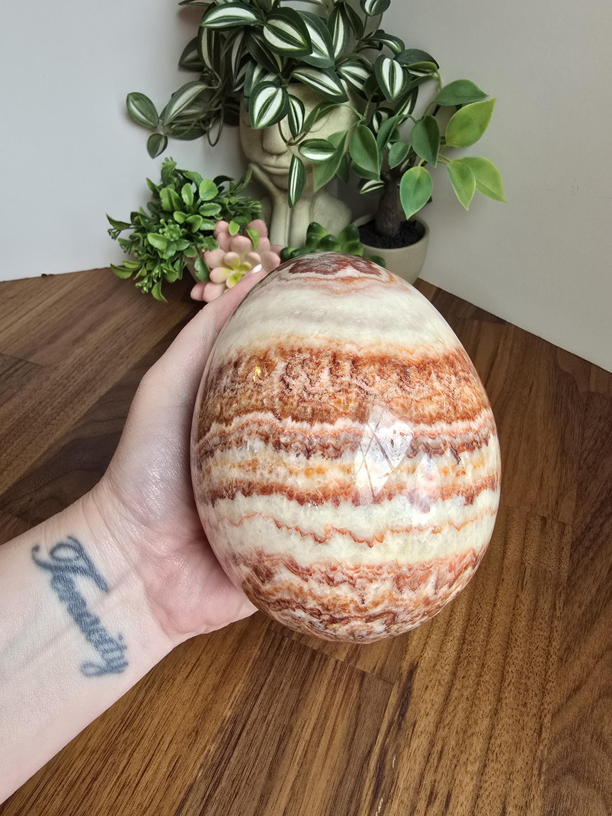 Inv - Gorgeous Mexican Red Banded Calcite Egg | "A" | Large Crystal Statement Piece | Natural Pork Stone in Red Pink White Brown | Rare Find