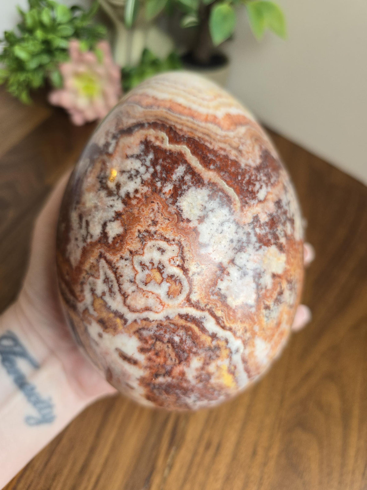 Inv - Beautiful Mexican Red Banded Calcite Egg | "B" | Large Crystal Statement Piece | Natural Porkstone in Red Pink White Brown | Rare Find