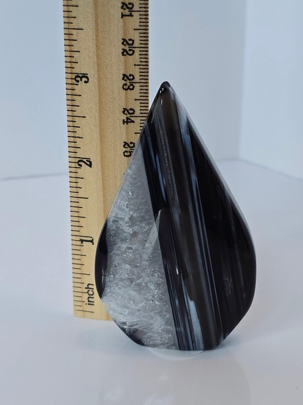 Inv - Black Banded Agate Flame | "H" | White Druzy Crystal Free Form, Blue Accents | One of a Kind Teardrop | Art Deco 20s Vintage Style