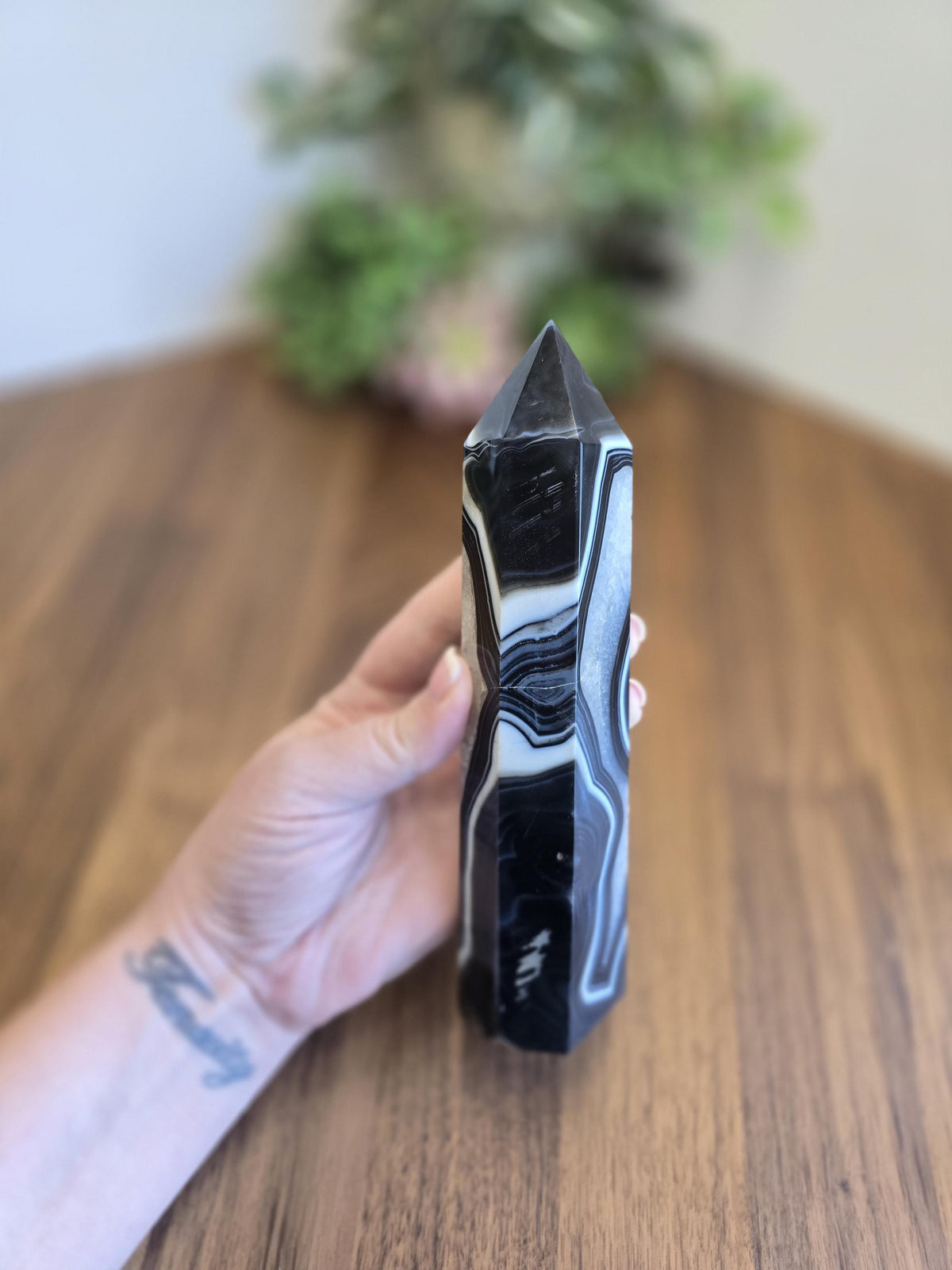 New - Black Banded Agate Tower "A" | Crystal Focus for Desk, Office or Study | Sparkling White Quartz Mix | Art Deco 1920's Home Decor