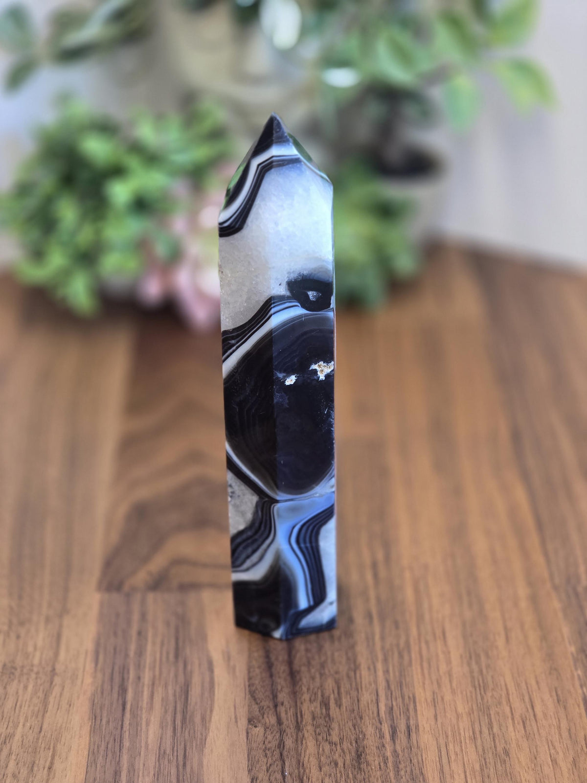 New - Black Banded Agate Tower "A" | Crystal Focus for Desk, Office or Study | Sparkling White Quartz Mix | Art Deco 1920's Home Decor