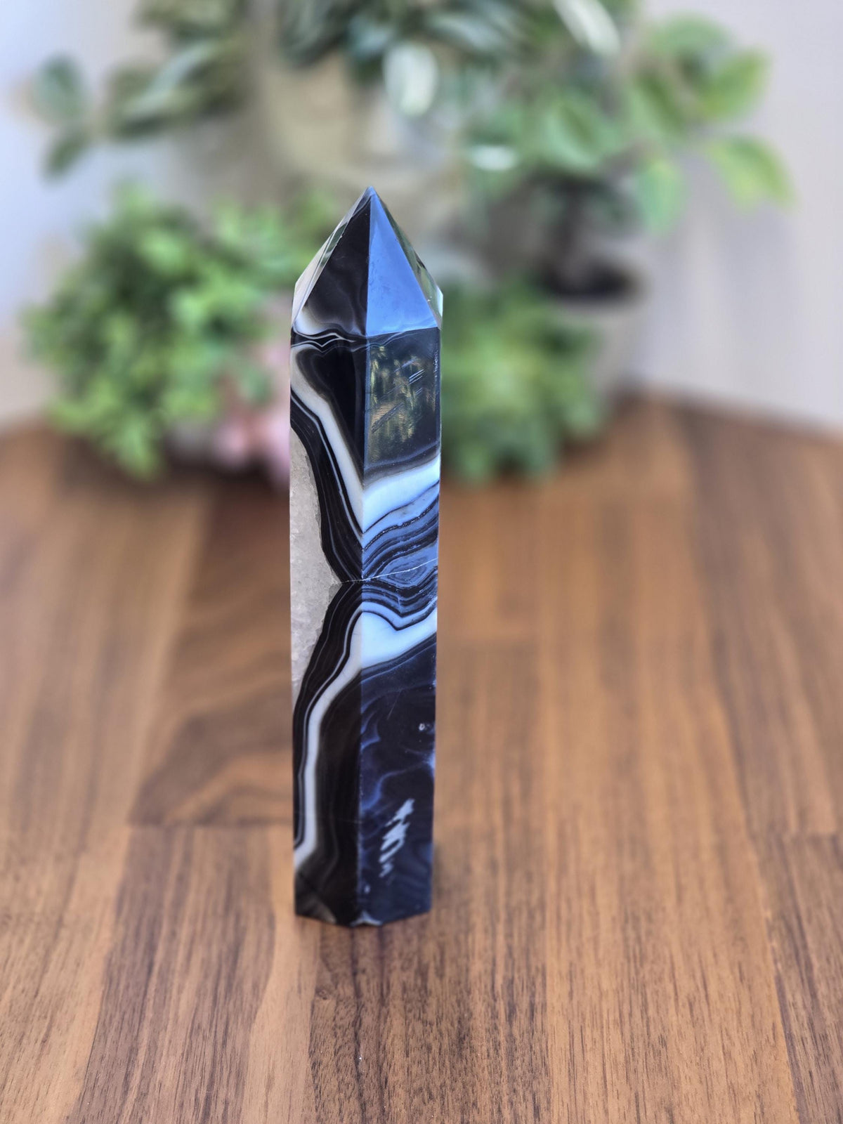 New - Black Banded Agate Tower "A" | Crystal Focus for Desk, Office or Study | Sparkling White Quartz Mix | Art Deco 1920's Home Decor
