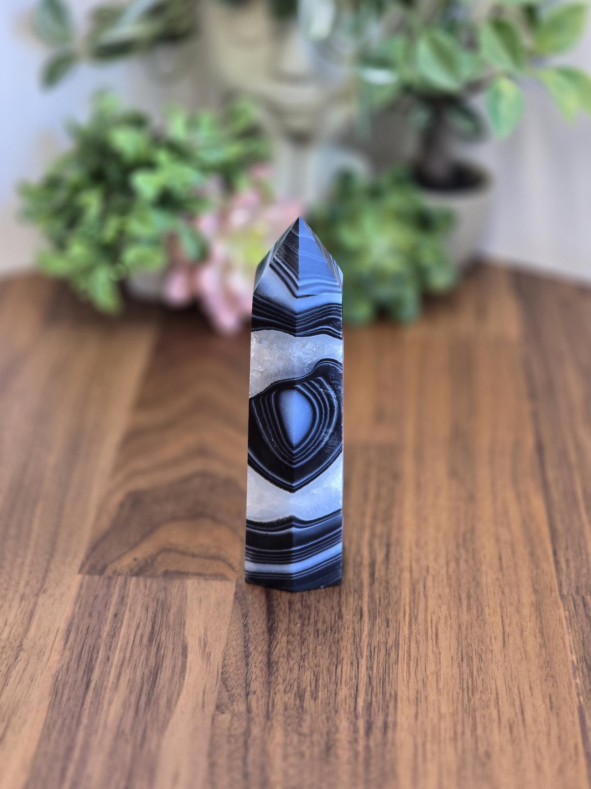 New - Black Banded Agate Tower "B" | Crystal Decor for Meditation or Reiki Shelf Display | White Druzy | Natural Witchy Blue Eye | Art Deco