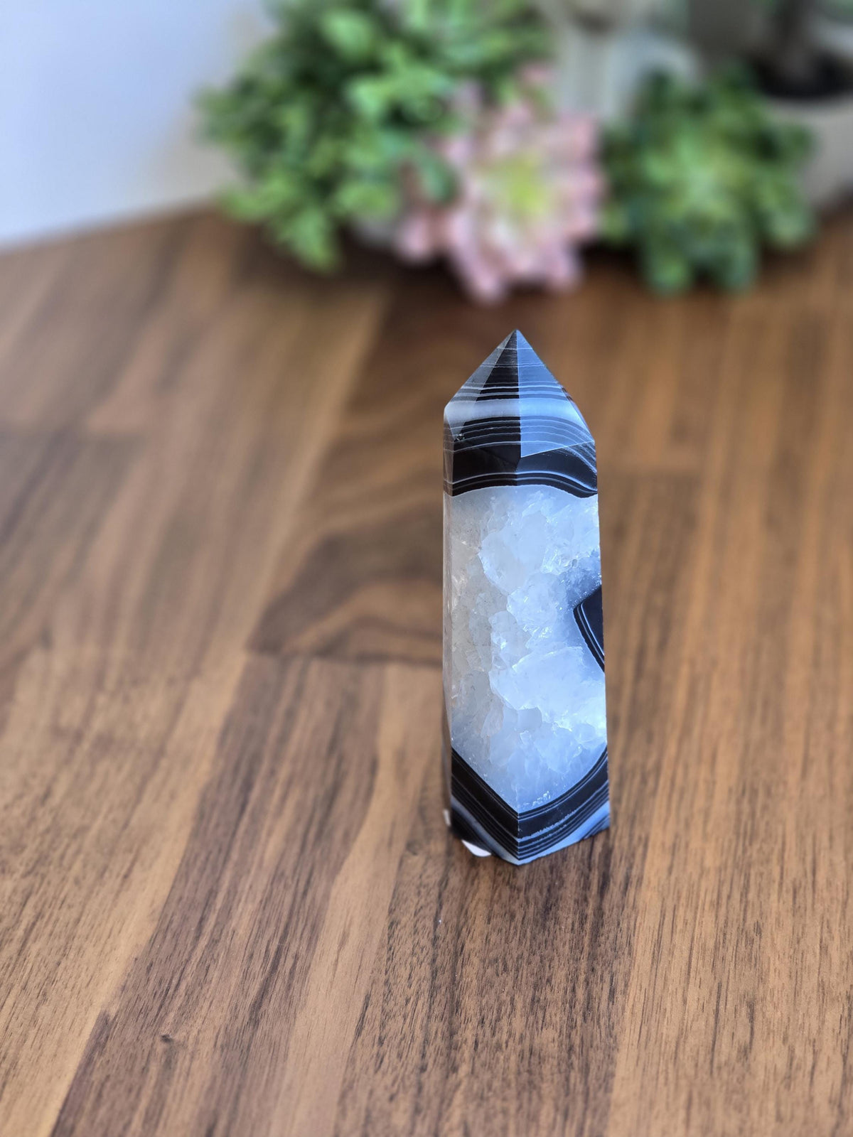 New - Black Banded Agate Tower "B" | Crystal Decor for Meditation or Reiki Shelf Display | White Druzy | Natural Witchy Blue Eye | Art Deco