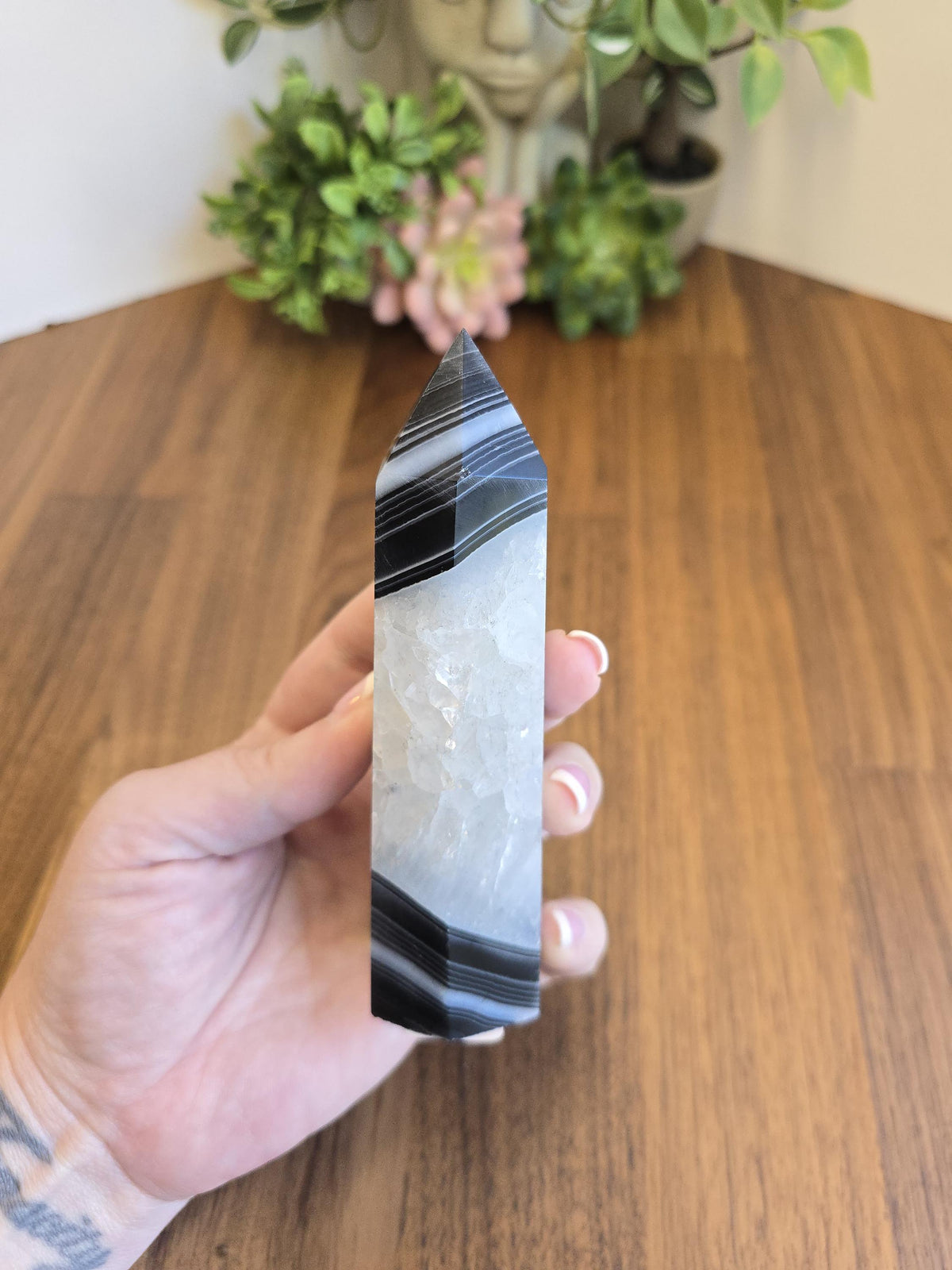 New - Black Banded Agate Tower "B" | Crystal Decor for Meditation or Reiki Shelf Display | White Druzy | Natural Witchy Blue Eye | Art Deco
