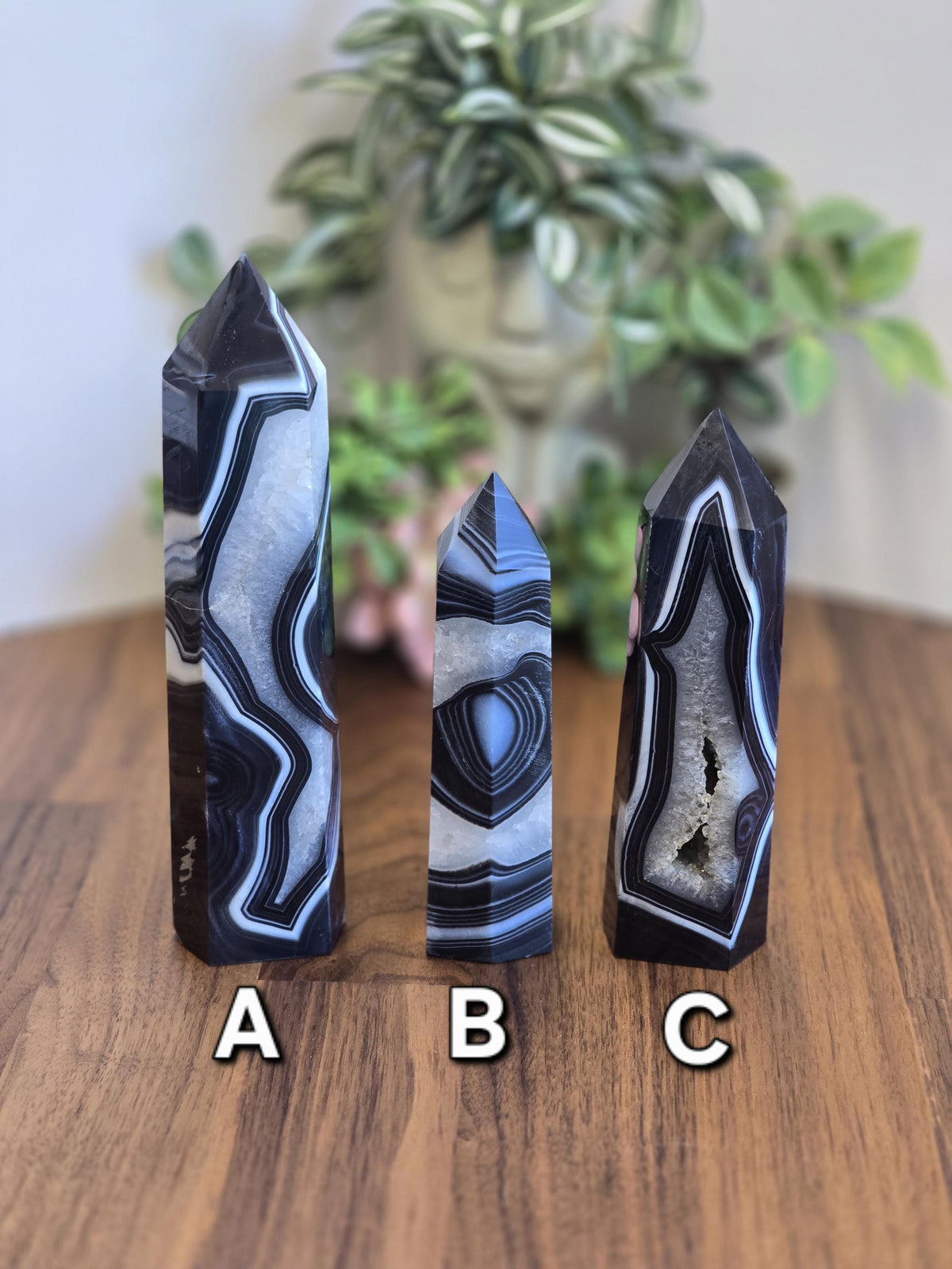 New - Black Banded Agate Tower "B" | Crystal Decor for Meditation or Reiki Shelf Display | White Druzy | Natural Witchy Blue Eye | Art Deco