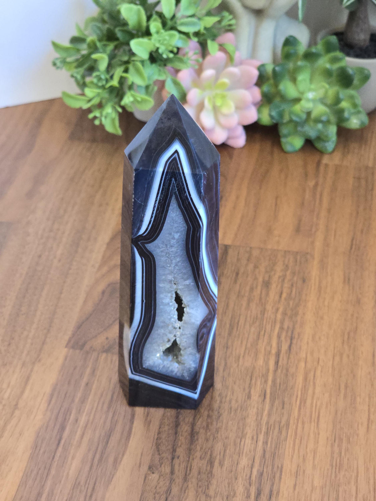 New - Black Banded Agate Tower "C" | Double White Druzy Quartz Sides | Crystal Focus for Desk, Office or Study | Art Deco 1920's Home Decor