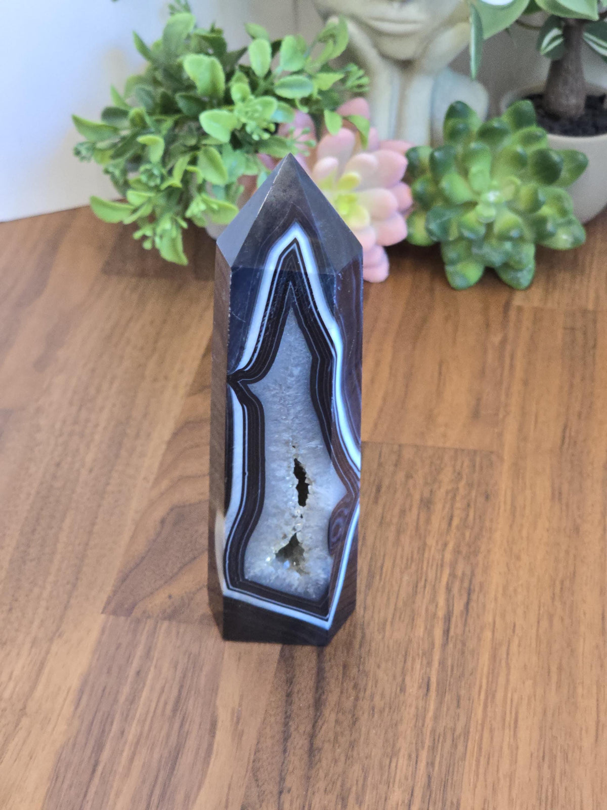 New - Black Banded Agate Tower "C" | Double White Druzy Quartz Sides | Crystal Focus for Desk, Office or Study | Art Deco 1920's Home Decor