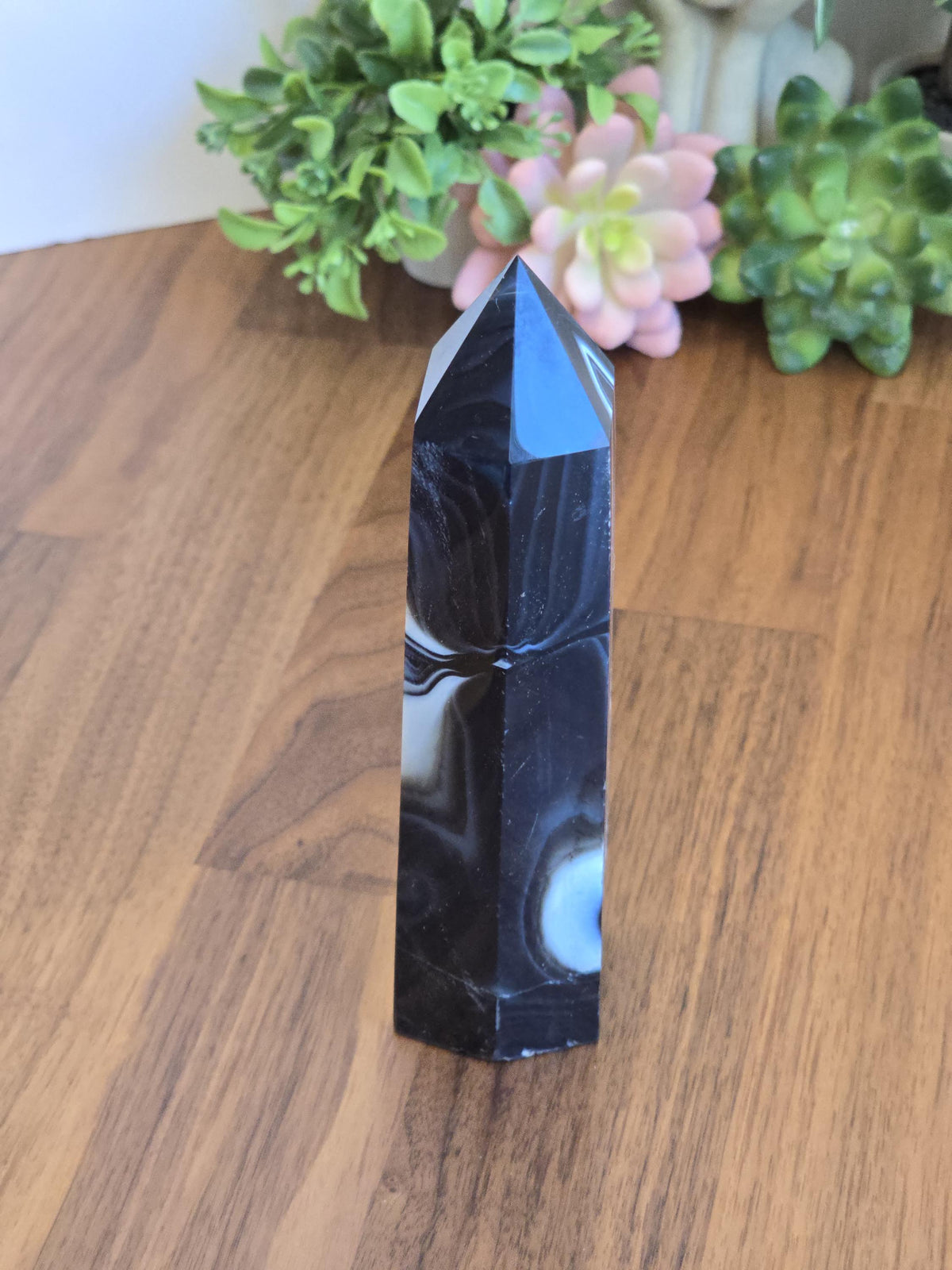 New - Black Banded Agate Tower "C" | Double White Druzy Quartz Sides | Crystal Focus for Desk, Office or Study | Art Deco 1920's Home Decor