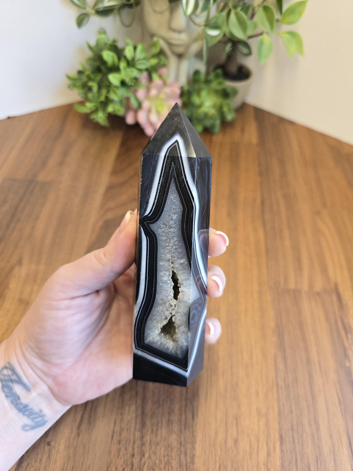 New - Black Banded Agate Tower "C" | Double White Druzy Quartz Sides | Crystal Focus for Desk, Office or Study | Art Deco 1920's Home Decor