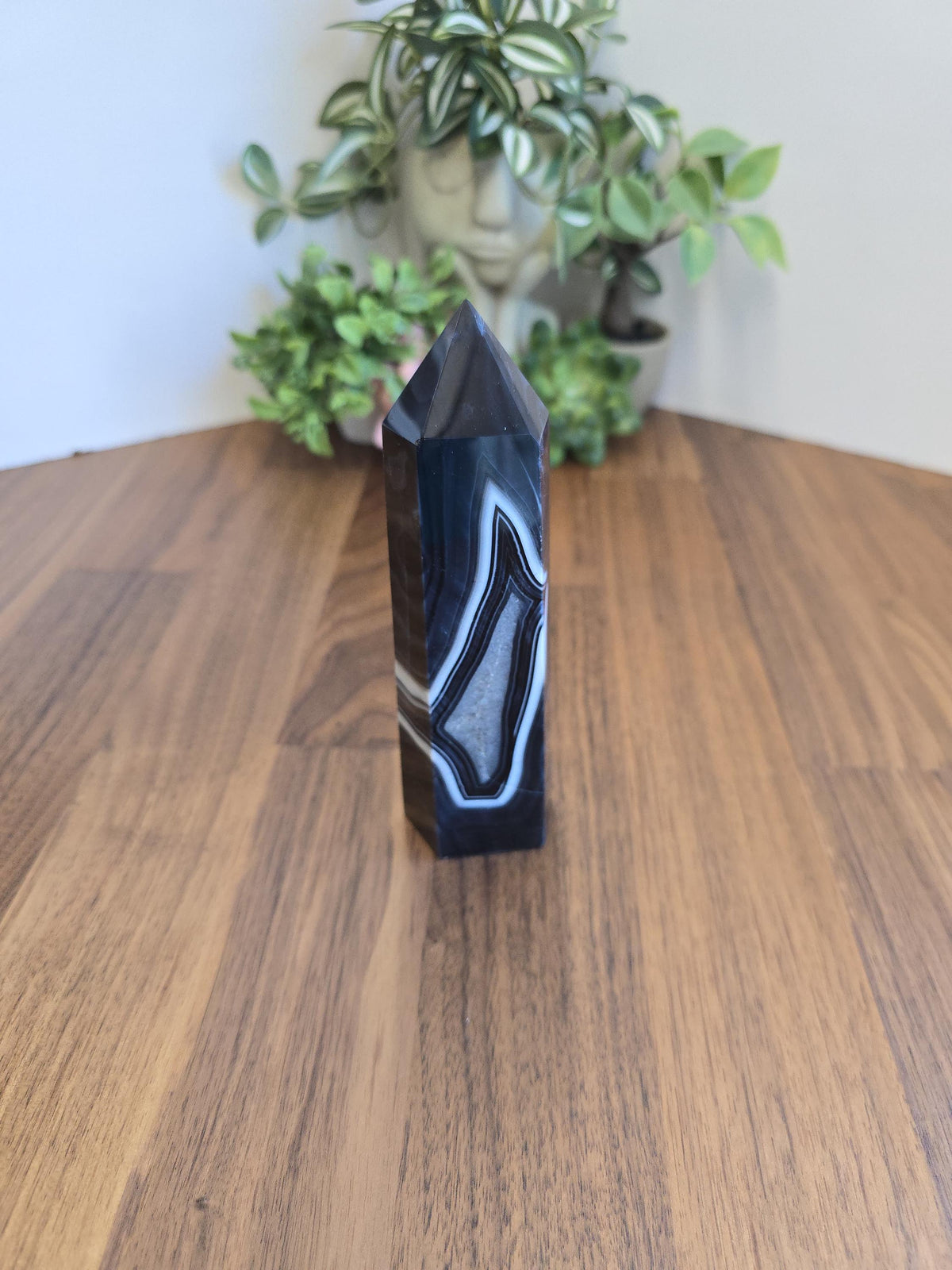 New - Black Banded Agate Tower "C" | Double White Druzy Quartz Sides | Crystal Focus for Desk, Office or Study | Art Deco 1920's Home Decor