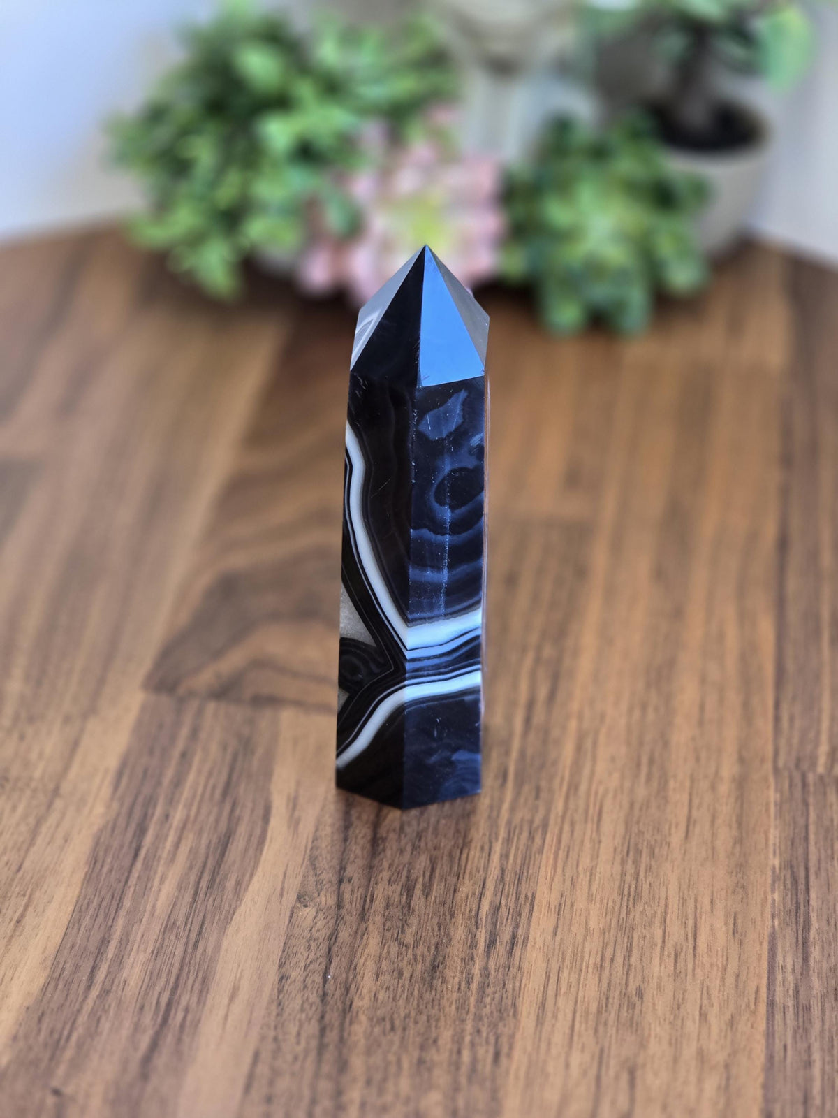 New - Black Banded Agate Tower "C" | Double White Druzy Quartz Sides | Crystal Focus for Desk, Office or Study | Art Deco 1920's Home Decor