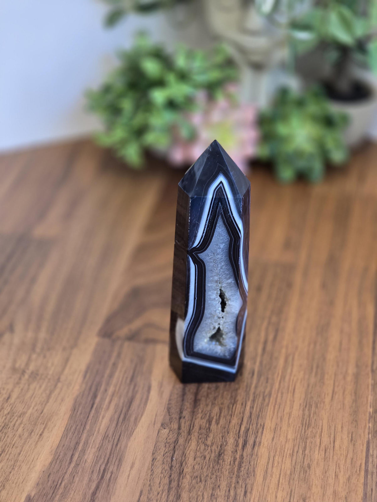 New - Black Banded Agate Tower "C" | Double White Druzy Quartz Sides | Crystal Focus for Desk, Office or Study | Art Deco 1920's Home Decor
