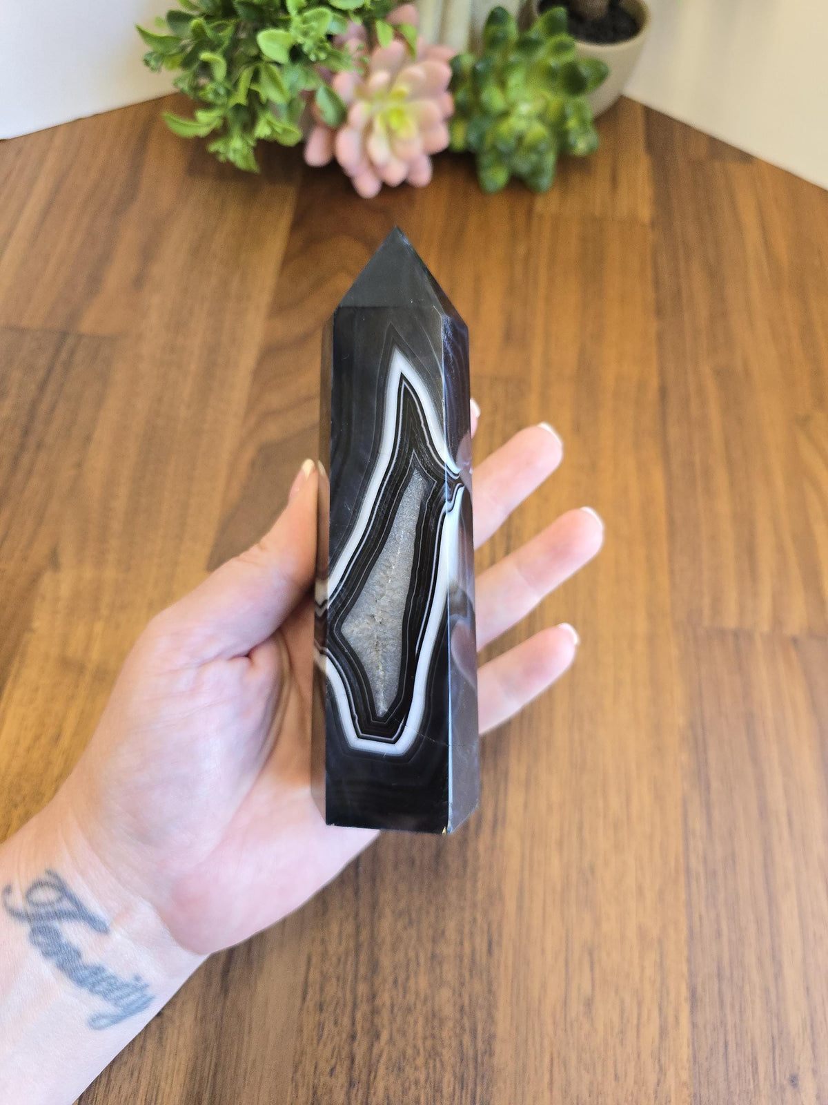 New - Black Banded Agate Tower "C" | Double White Druzy Quartz Sides | Crystal Focus for Desk, Office or Study | Art Deco 1920's Home Decor