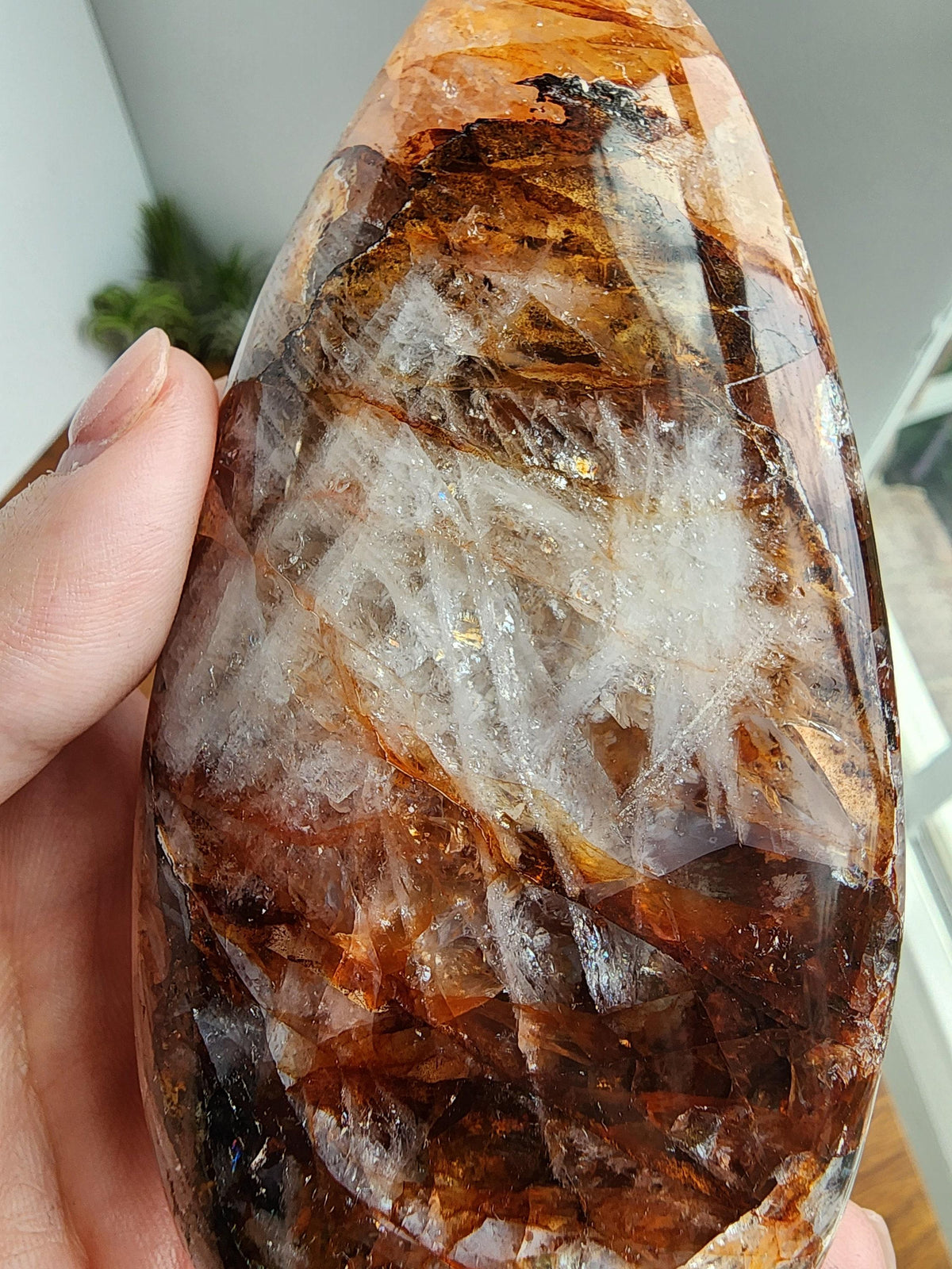A close-up image of a person's hand holding a large, irregularly shaped rock with a mix of brown, orange, and white colors.