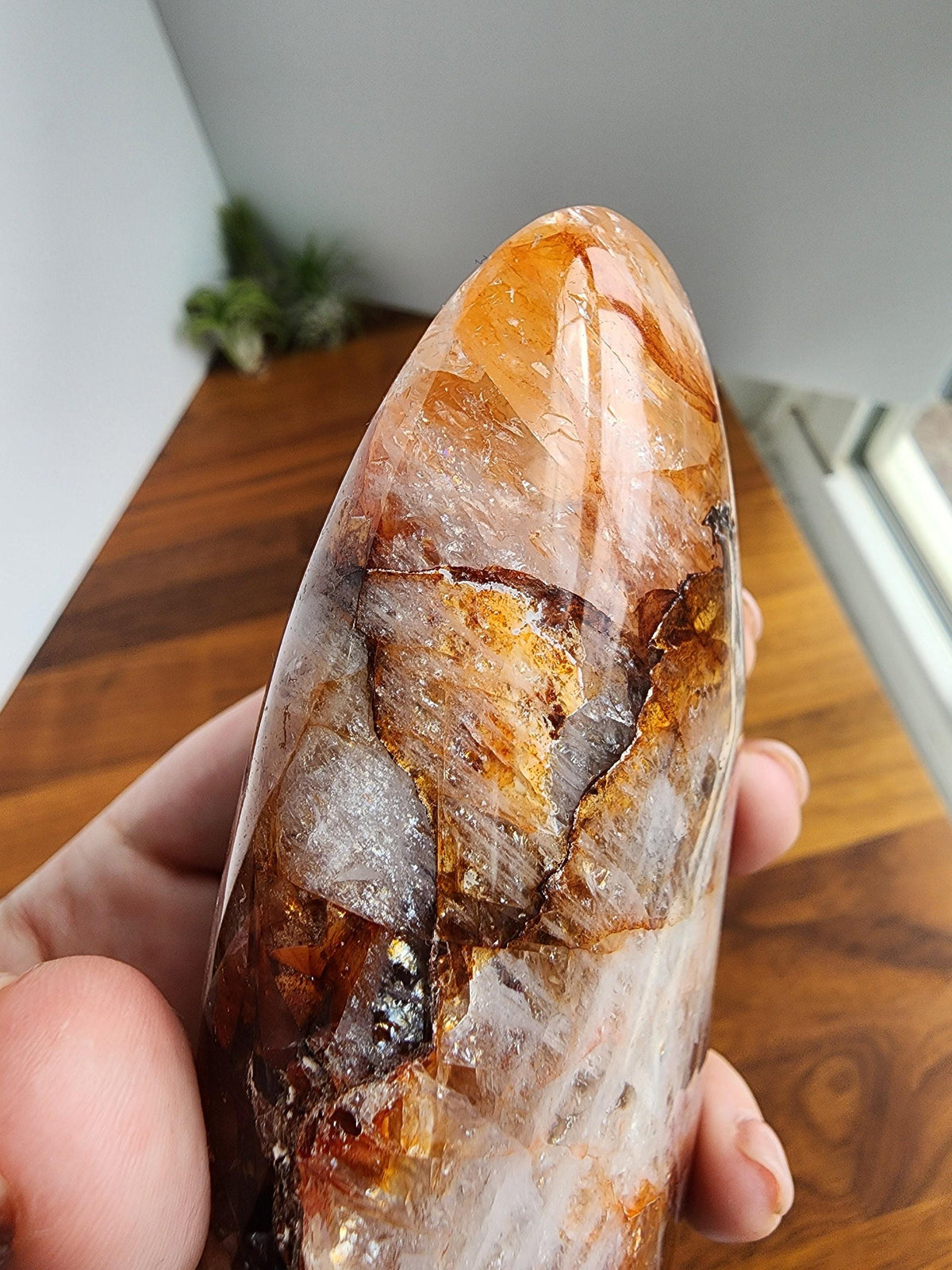 Inv - Fire Quartz Crystal Flame: Hematoid Free Form with Red, Orange, and Pink Veins | Desk Decor Gift with Rainbows, Sparkle and Warmth