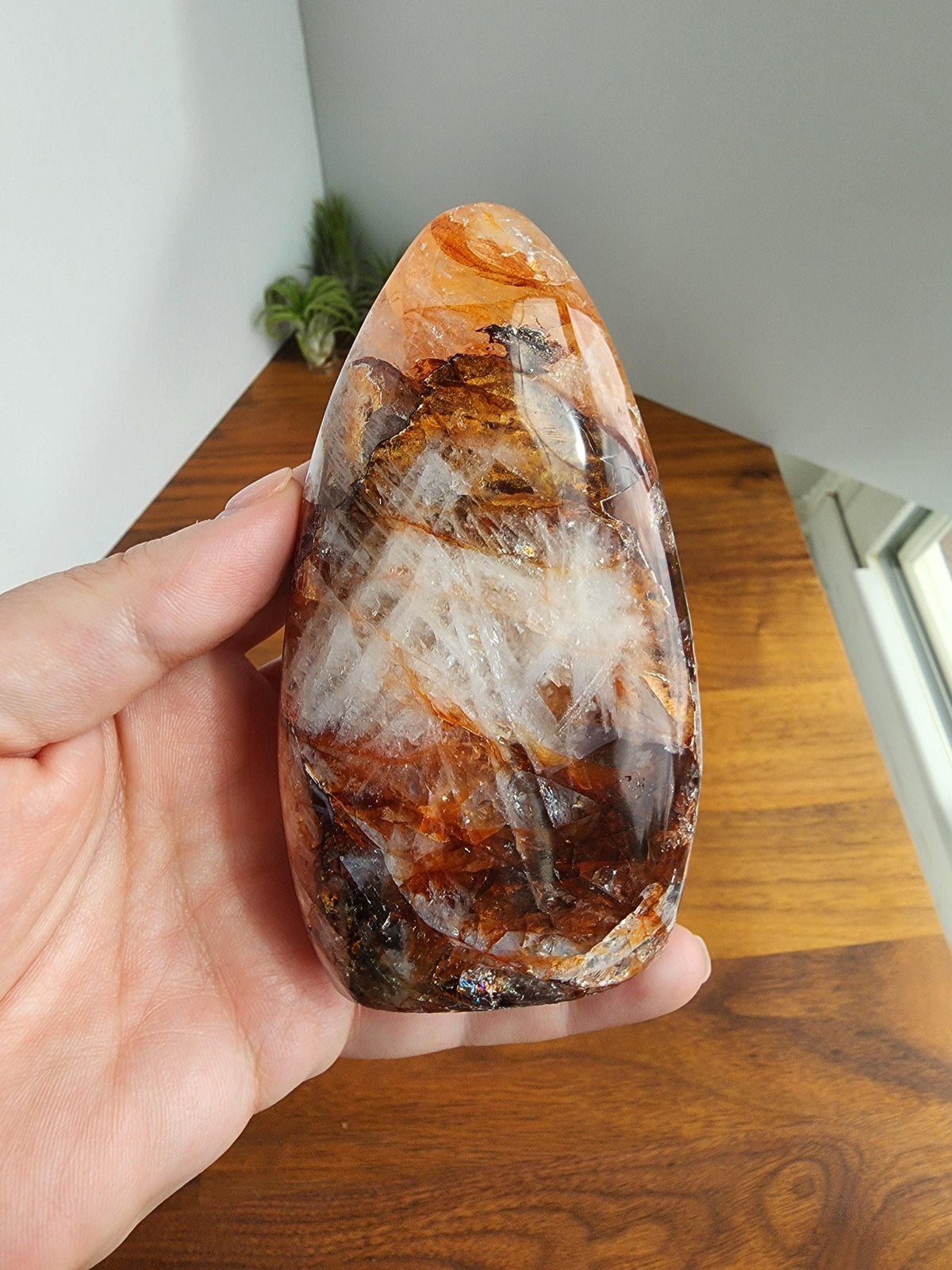A hand is holding a large, irregularly shaped stone with a mix of orange, brown, and white colors, which appears to be a piece of natural rock.
