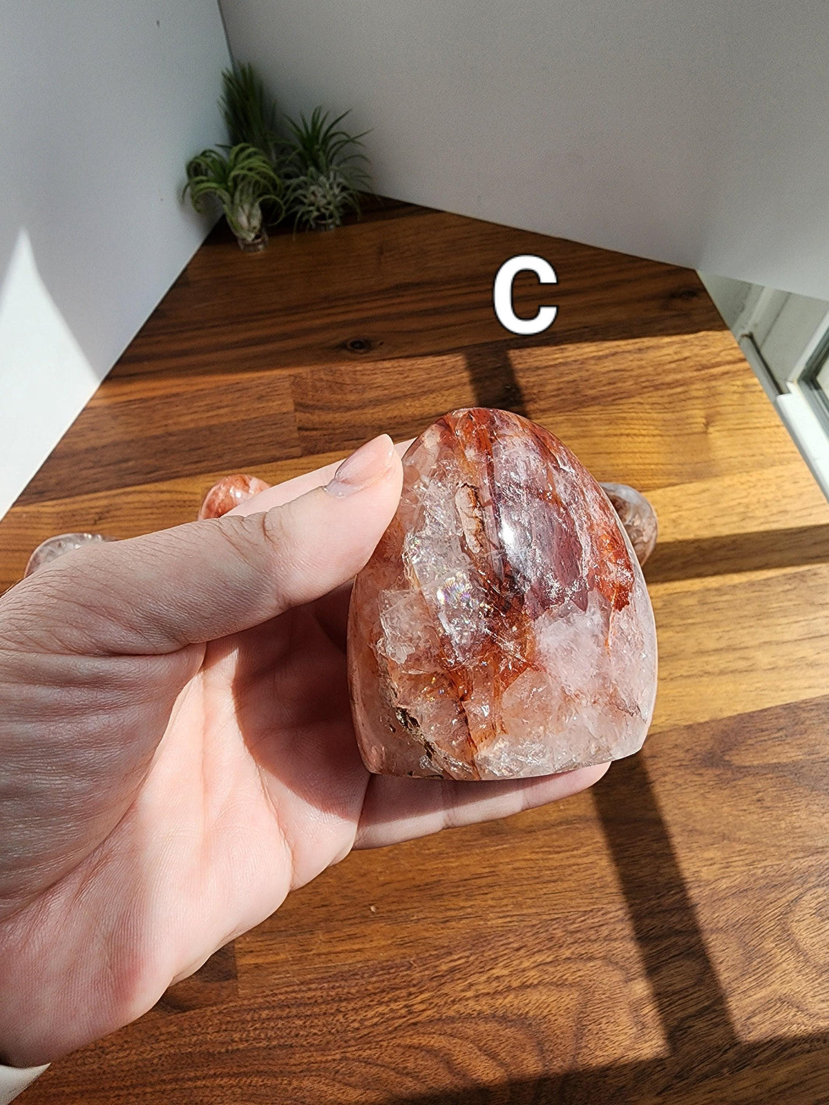 A hand holding a piece of rock with a red and white color pattern, placed on a wooden surface.