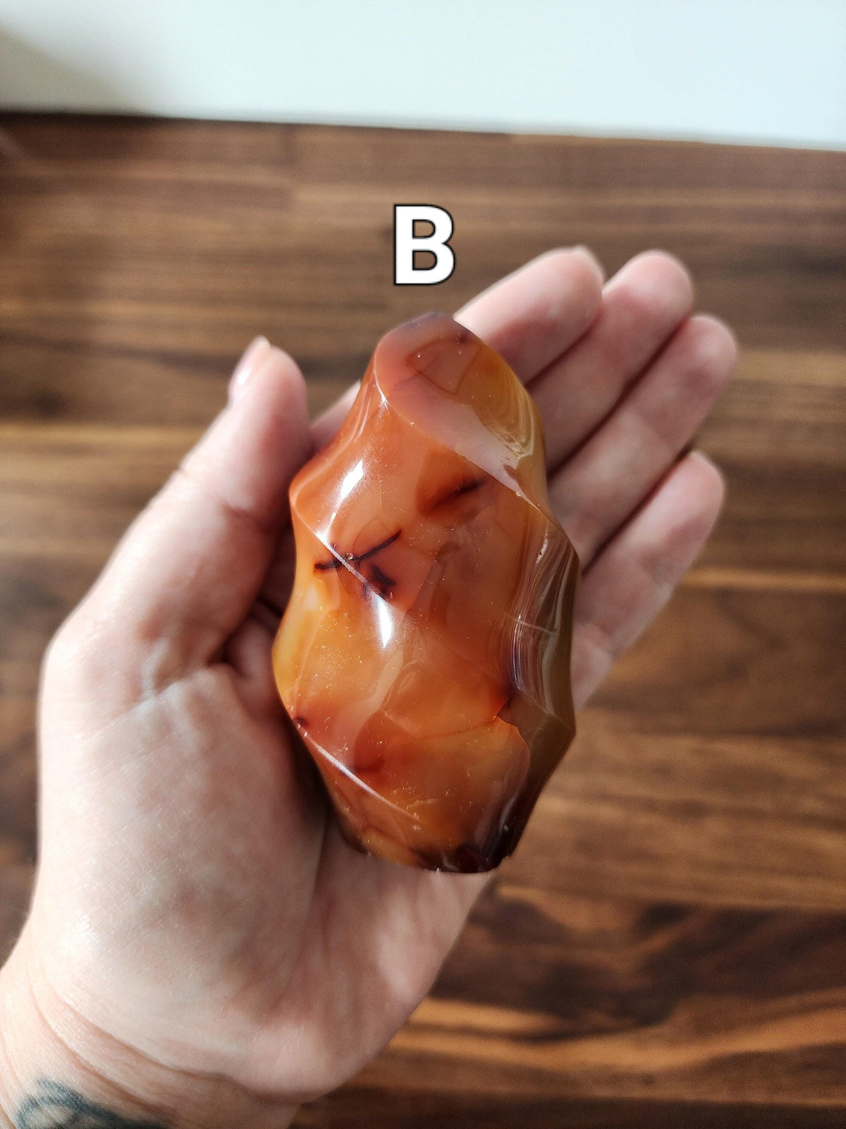 A hand holding a unique, twisted, and colorful rock formation, with the letter "B" above it.