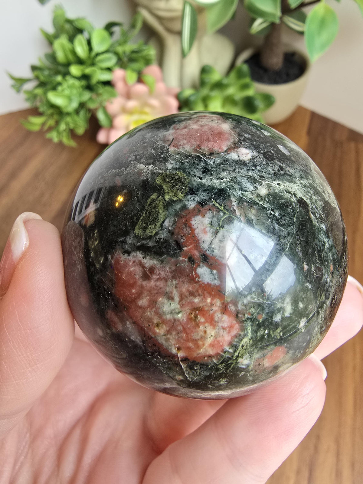 Inv - Beautiful Eclogite Garnet Sphere | D - 56mm | Green, Pink, White Crystal | Last One of this beautiful rare stock! (A, B, C now sold)