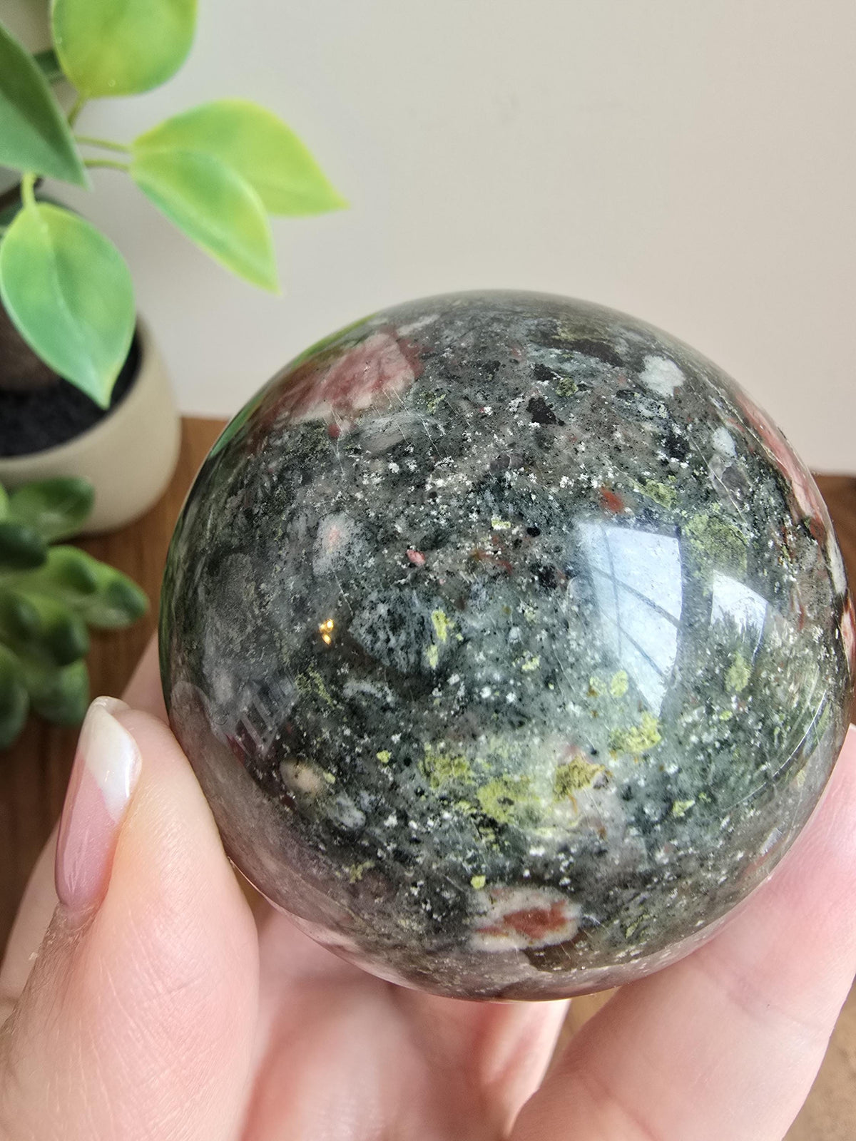 Inv - Beautiful Eclogite Garnet Sphere | D - 56mm | Green, Pink, White Crystal | Last One of this beautiful rare stock! (A, B, C now sold)