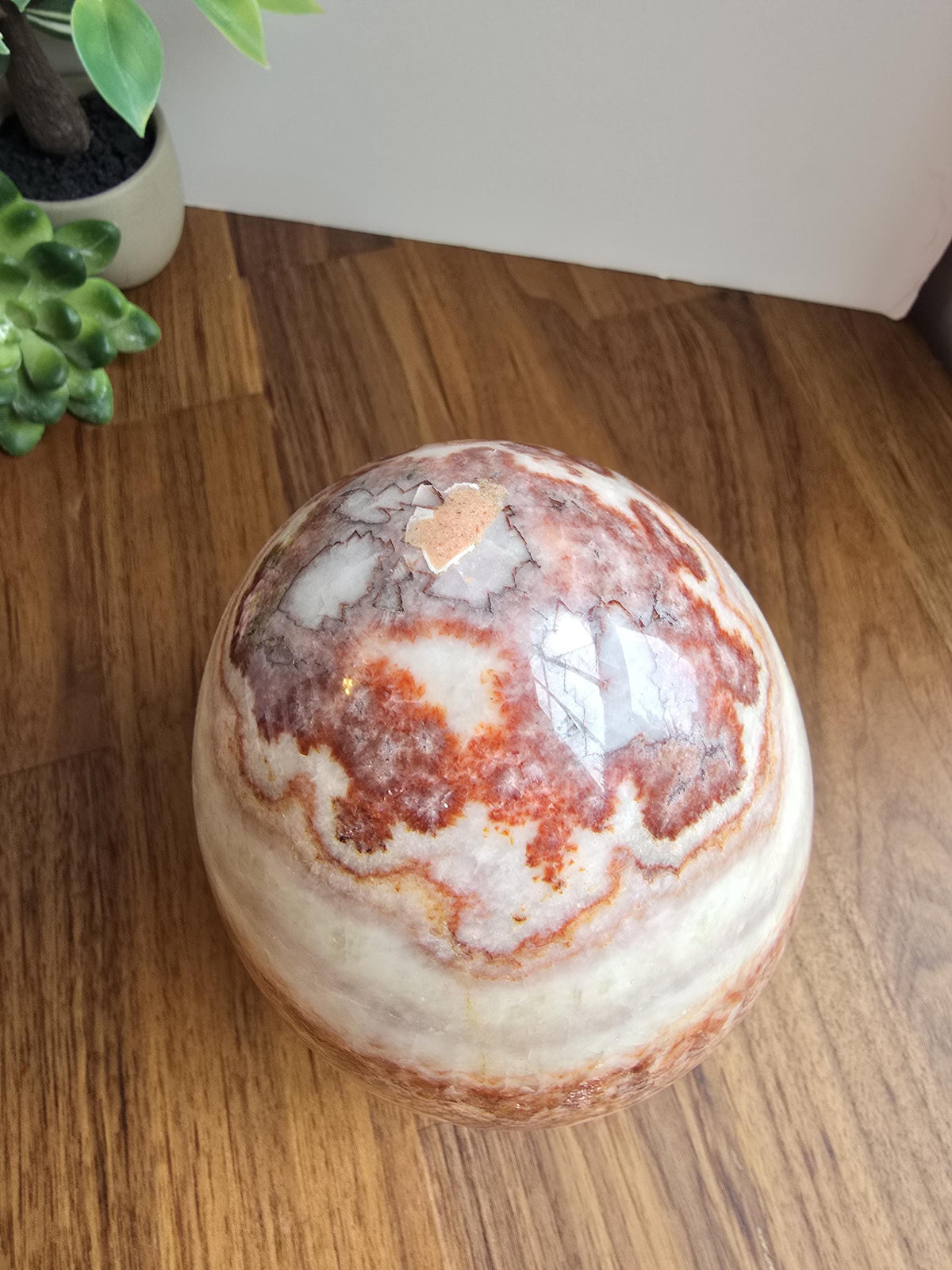 Inv - Gorgeous Mexican Red Banded Calcite Egg | "A" | Large Crystal Statement Piece | Natural Pork Stone in Red Pink White Brown | Rare Find