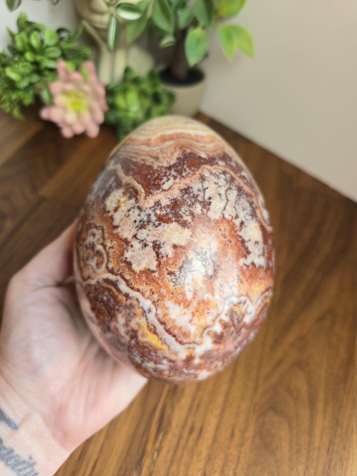 Inv - Beautiful Mexican Red Banded Calcite Egg | "B" | Large Crystal Statement Piece | Natural Porkstone in Red Pink White Brown | Rare Find