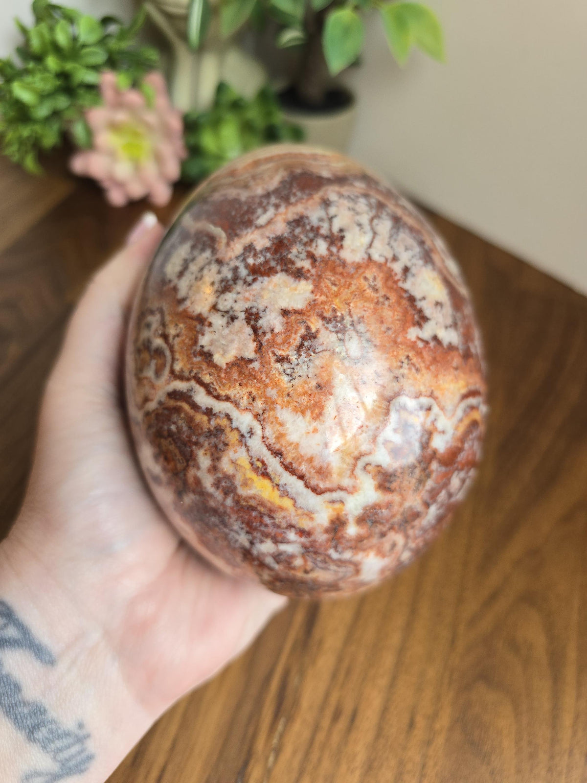 Inv - Beautiful Mexican Red Banded Calcite Egg | "B" | Large Crystal Statement Piece | Natural Porkstone in Red Pink White Brown | Rare Find