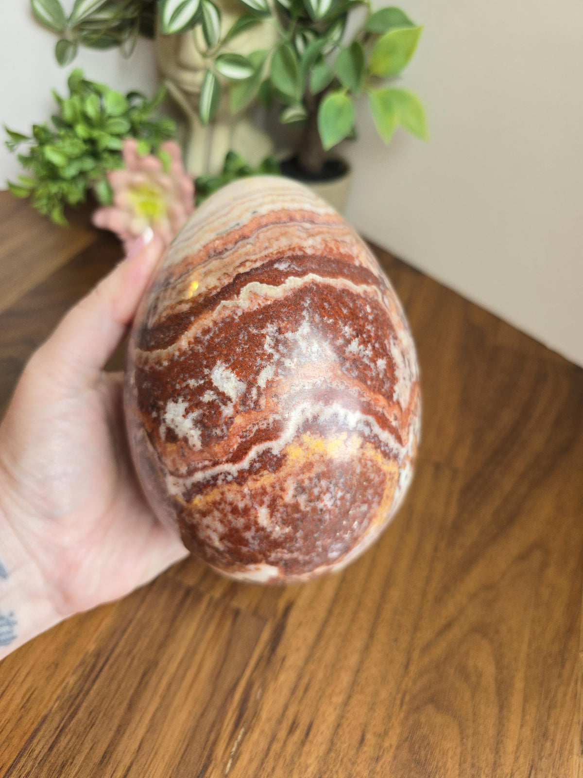 Inv - Beautiful Mexican Red Banded Calcite Egg | "B" | Large Crystal Statement Piece | Natural Porkstone in Red Pink White Brown | Rare Find