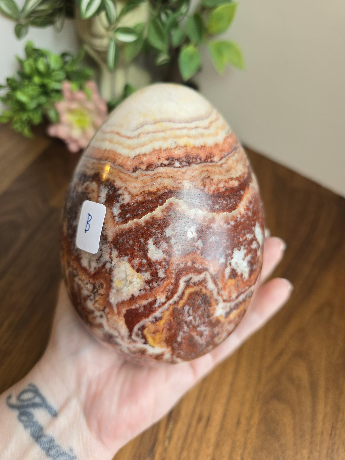 Inv - Beautiful Mexican Red Banded Calcite Egg | "B" | Large Crystal Statement Piece | Natural Porkstone in Red Pink White Brown | Rare Find