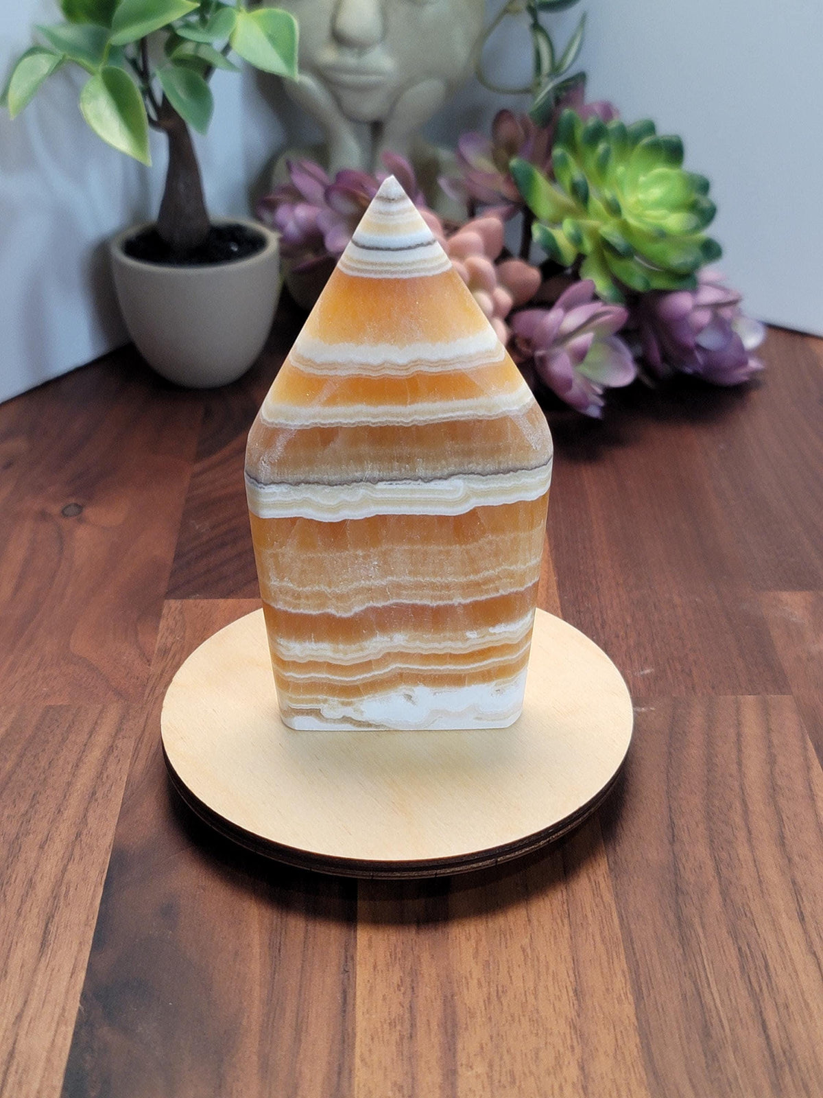 a wooden stand with a unique, striped stone on top, placed on a wooden surface. In the background, there are some plants and flowers, adding a natural element to the scene.