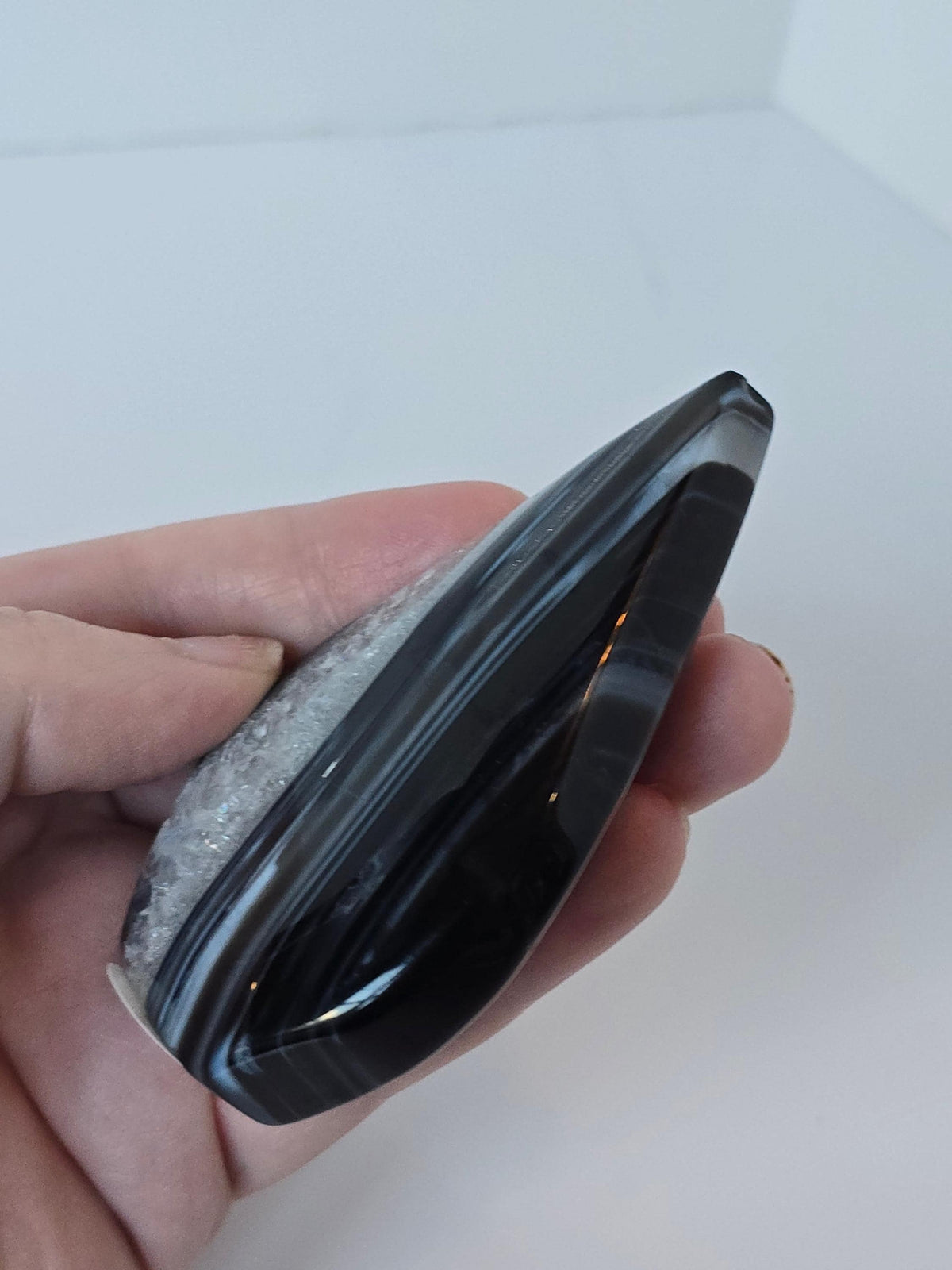 A hand is holding a black and white striped rock or gemstone.