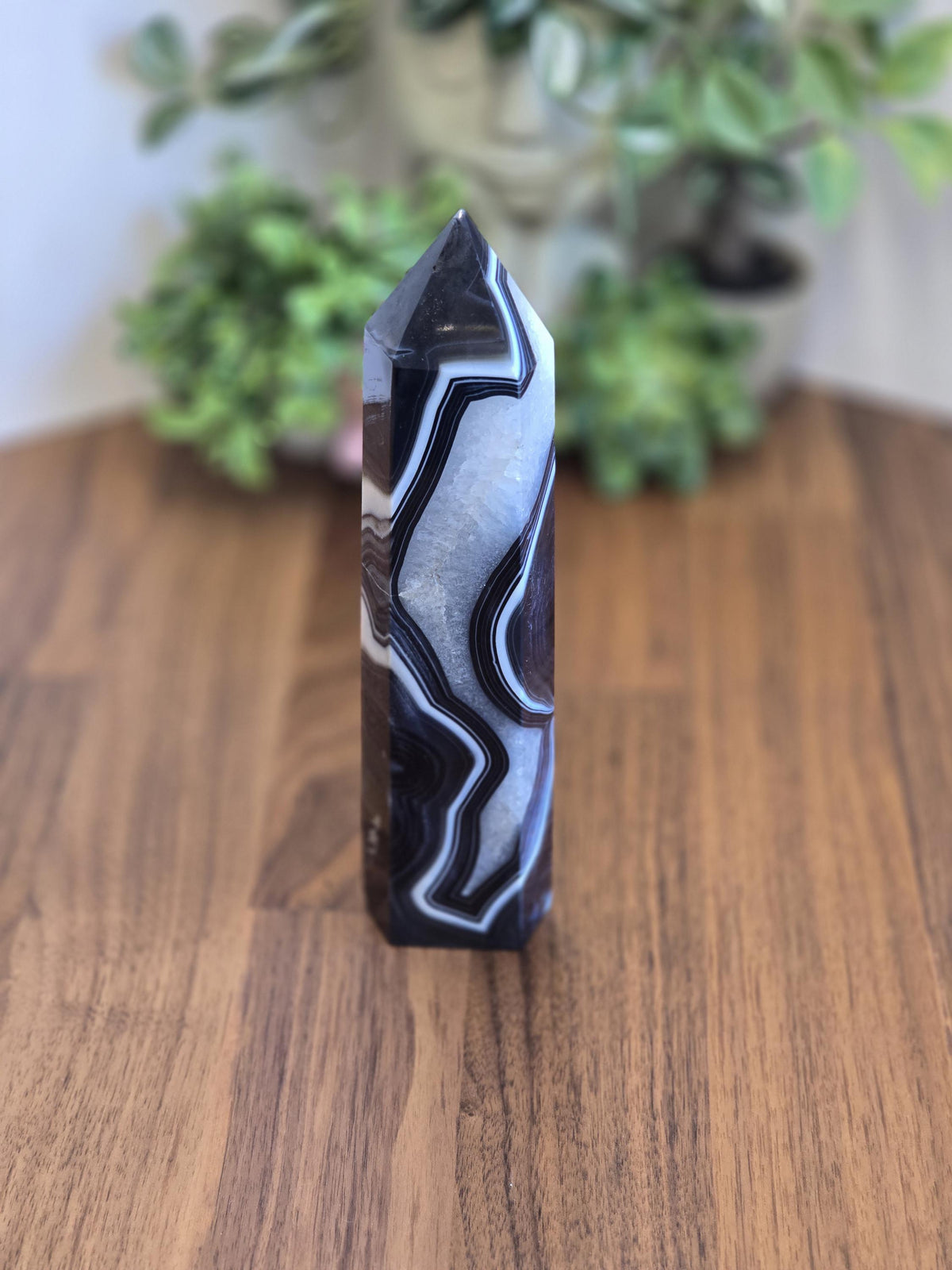 New - Black Banded Agate Tower "A" | Crystal Focus for Desk, Office or Study | Sparkling White Quartz Mix | Art Deco 1920's Home Decor