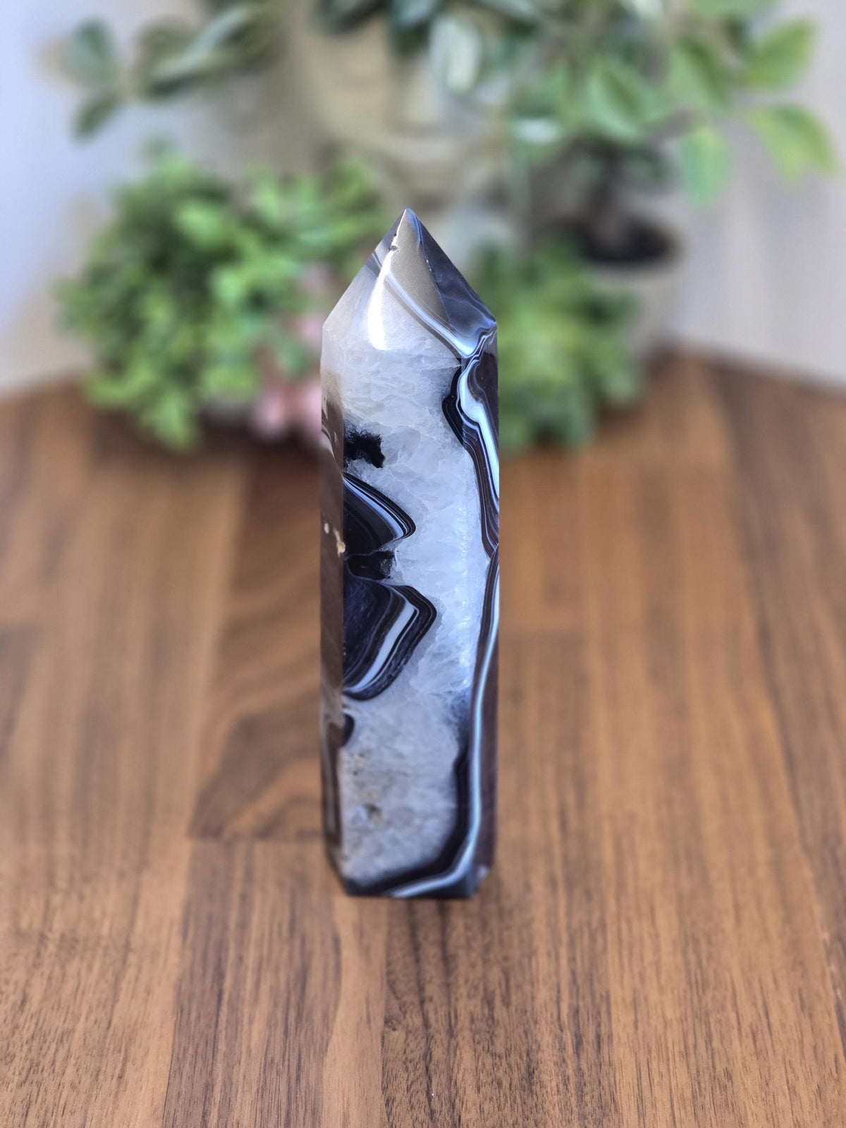 New - Black Banded Agate Tower "A" | Crystal Focus for Desk, Office or Study | Sparkling White Quartz Mix | Art Deco 1920's Home Decor