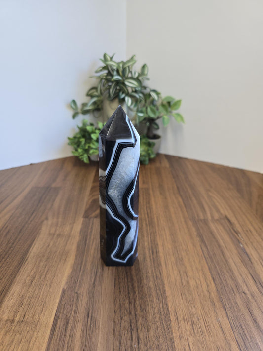 New - Black Banded Agate Tower "A" | Crystal Focus for Desk, Office or Study | Sparkling White Quartz Mix | Art Deco 1920's Home Decor