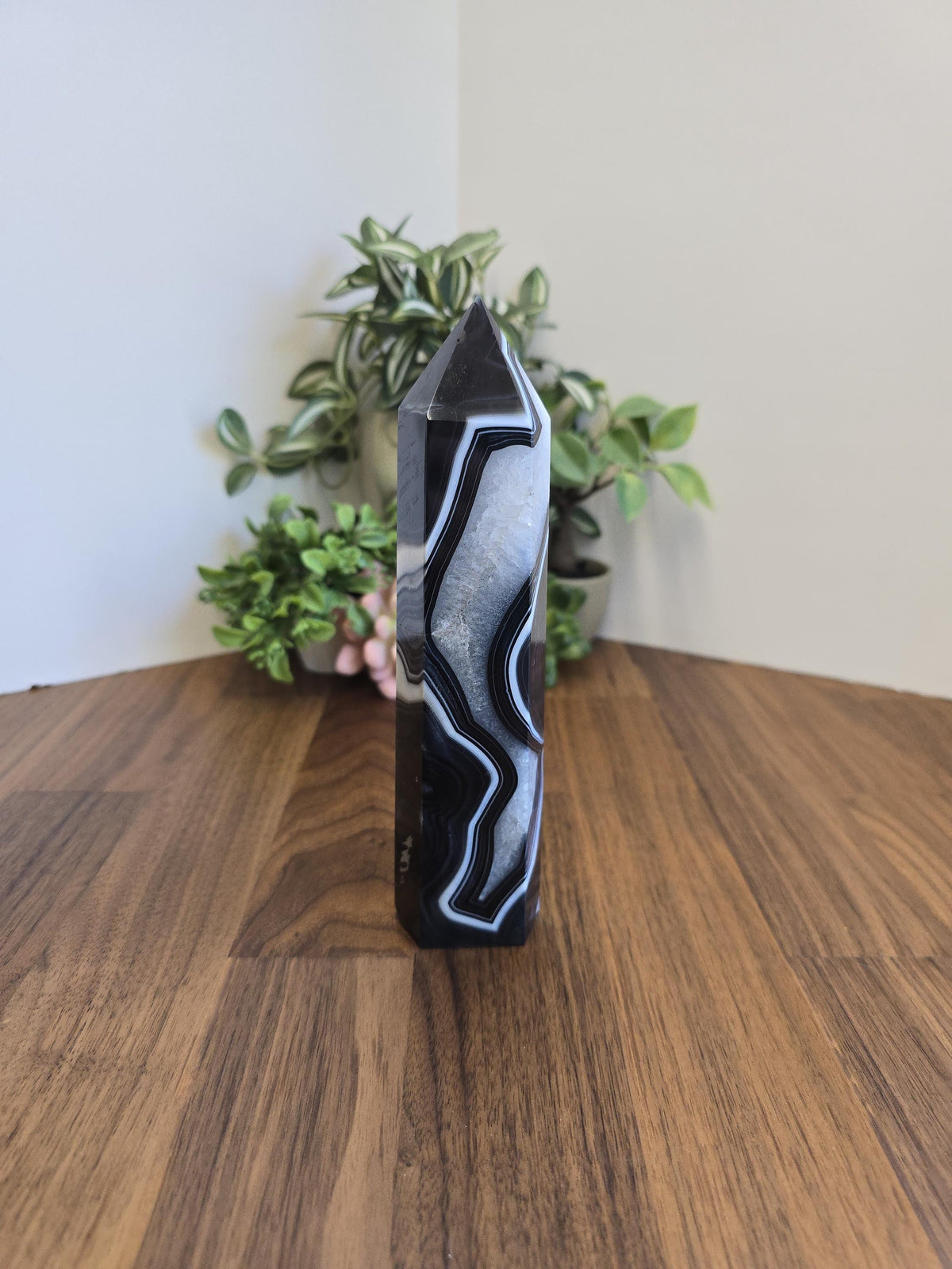 New - Black Banded Agate Tower "A" | Crystal Focus for Desk, Office or Study | Sparkling White Quartz Mix | Art Deco 1920's Home Decor