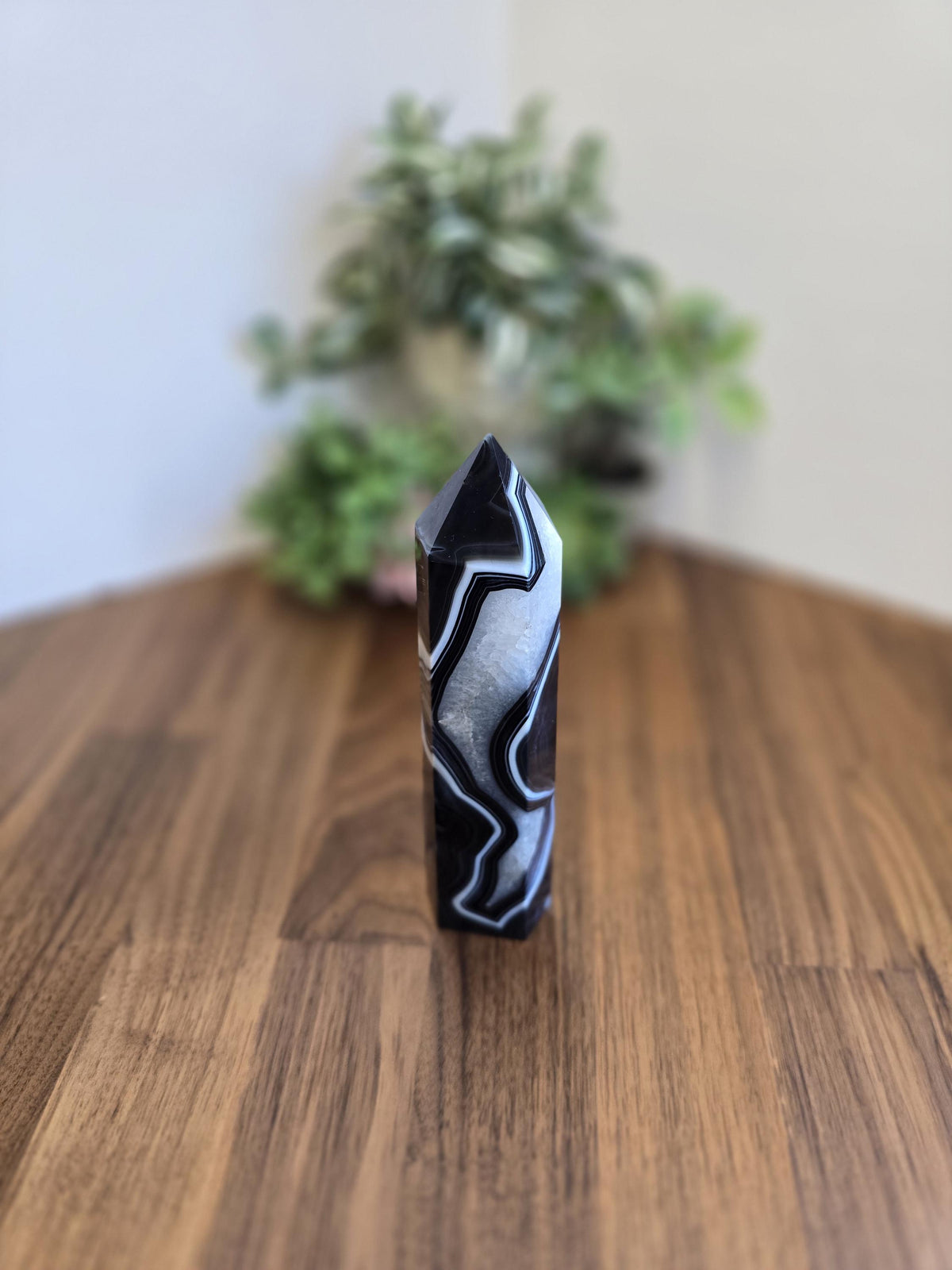 New - Black Banded Agate Tower "A" | Crystal Focus for Desk, Office or Study | Sparkling White Quartz Mix | Art Deco 1920's Home Decor