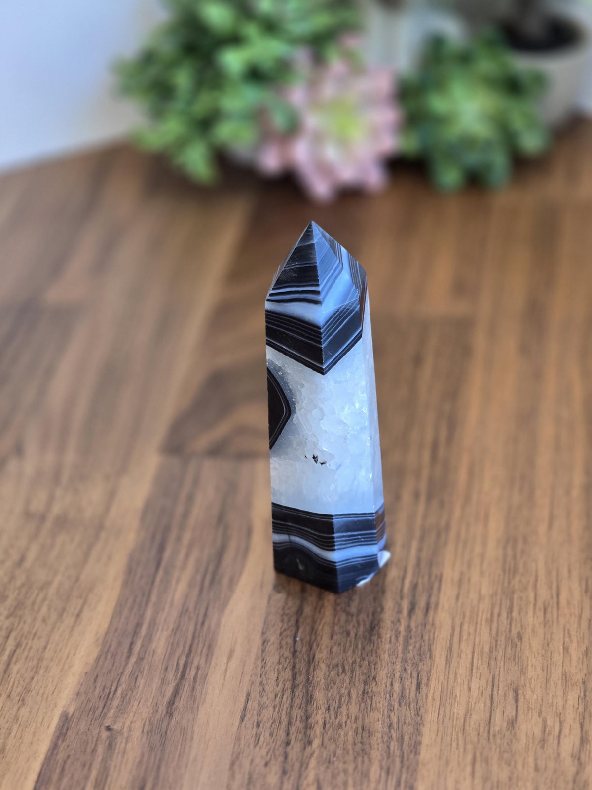 New - Black Banded Agate Tower "B" | Crystal Decor for Meditation or Reiki Shelf Display | White Druzy | Natural Witchy Blue Eye | Art Deco