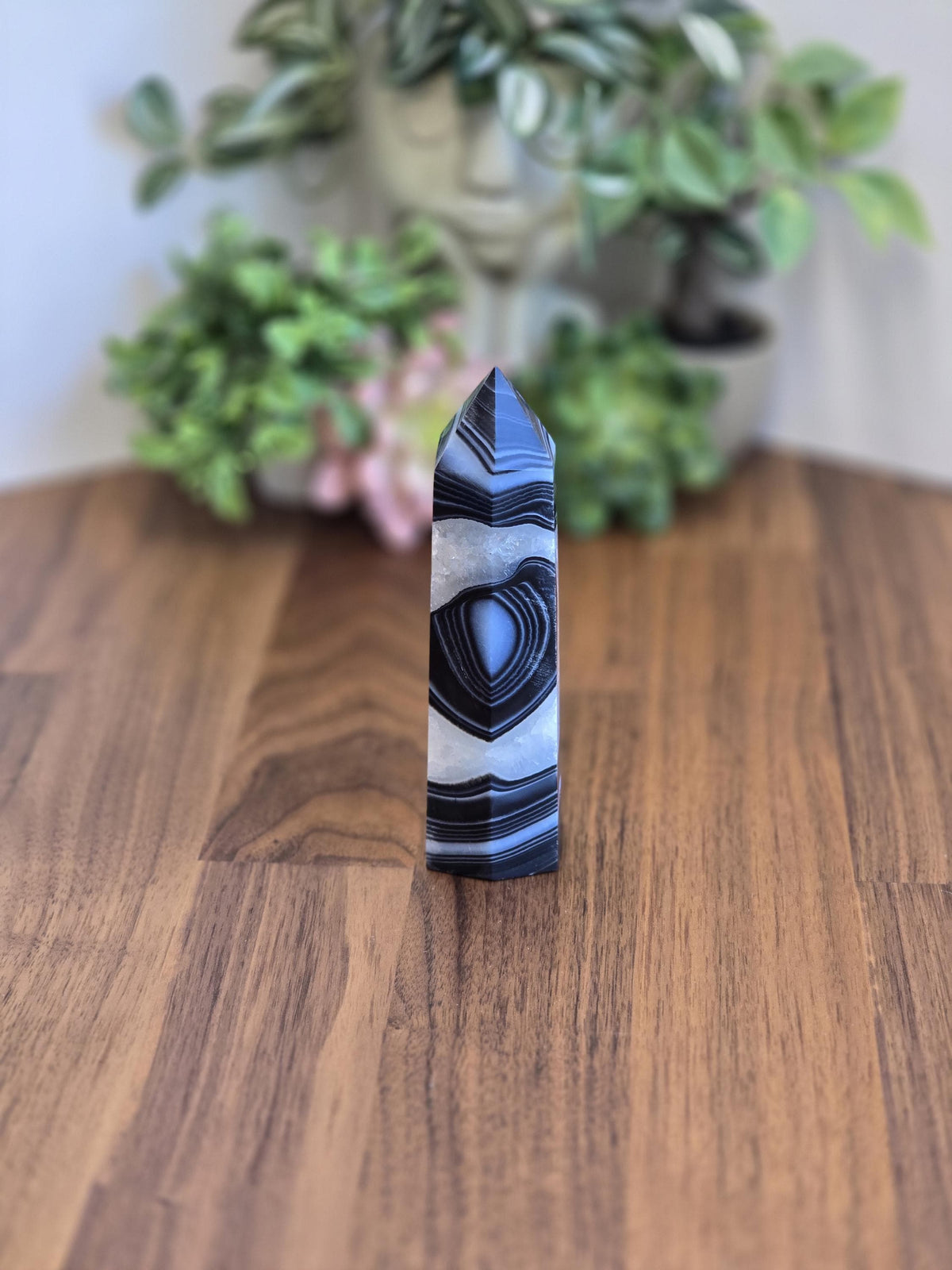 New - Black Banded Agate Tower "B" | Crystal Decor for Meditation or Reiki Shelf Display | White Druzy | Natural Witchy Blue Eye | Art Deco