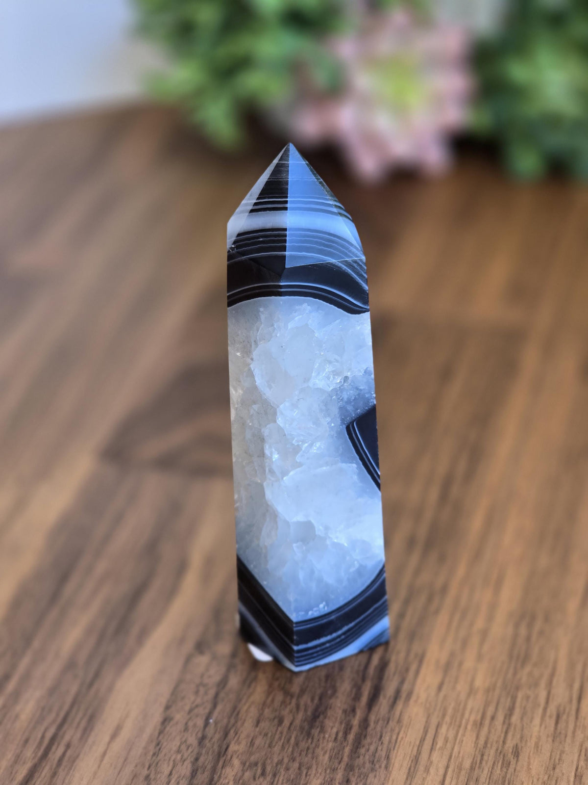 New - Black Banded Agate Tower "B" | Crystal Decor for Meditation or Reiki Shelf Display | White Druzy | Natural Witchy Blue Eye | Art Deco