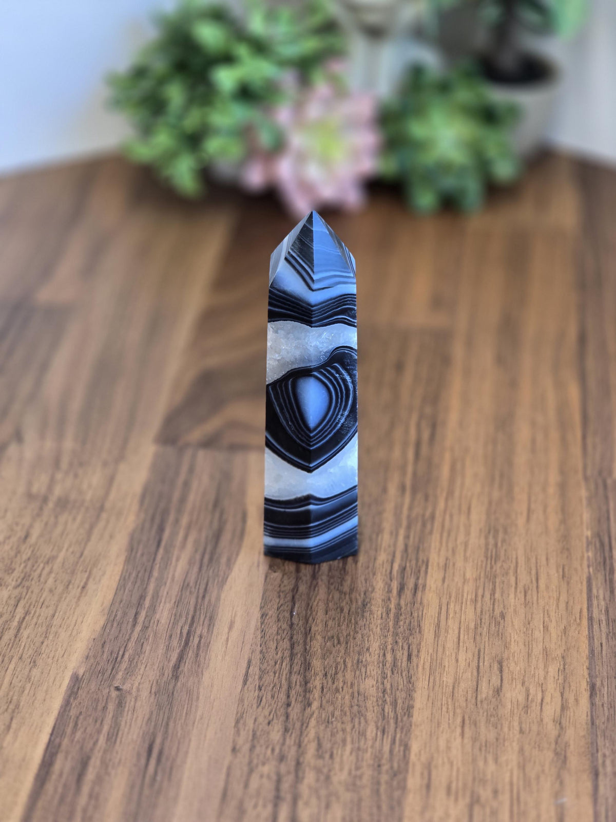 New - Black Banded Agate Tower "B" | Crystal Decor for Meditation or Reiki Shelf Display | White Druzy | Natural Witchy Blue Eye | Art Deco