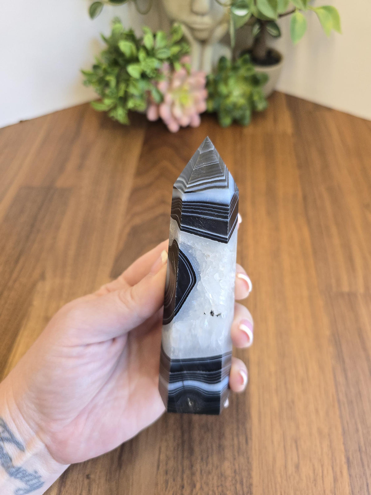 New - Black Banded Agate Tower "B" | Crystal Decor for Meditation or Reiki Shelf Display | White Druzy | Natural Witchy Blue Eye | Art Deco