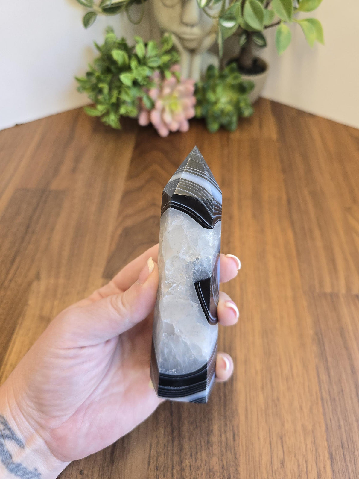 New - Black Banded Agate Tower "B" | Crystal Decor for Meditation or Reiki Shelf Display | White Druzy | Natural Witchy Blue Eye | Art Deco