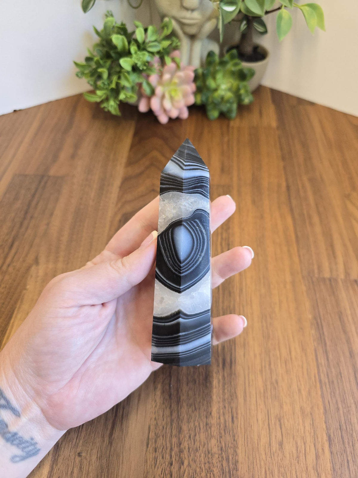 New - Black Banded Agate Tower "B" | Crystal Decor for Meditation or Reiki Shelf Display | White Druzy | Natural Witchy Blue Eye | Art Deco